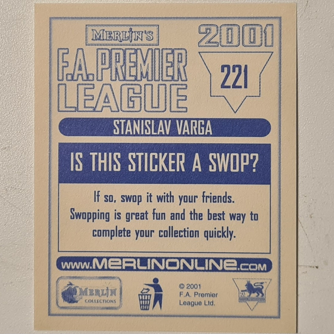 Stanislav Varga 2001 Merlin FA Premier League sticker #221 Football Sunderland very good
