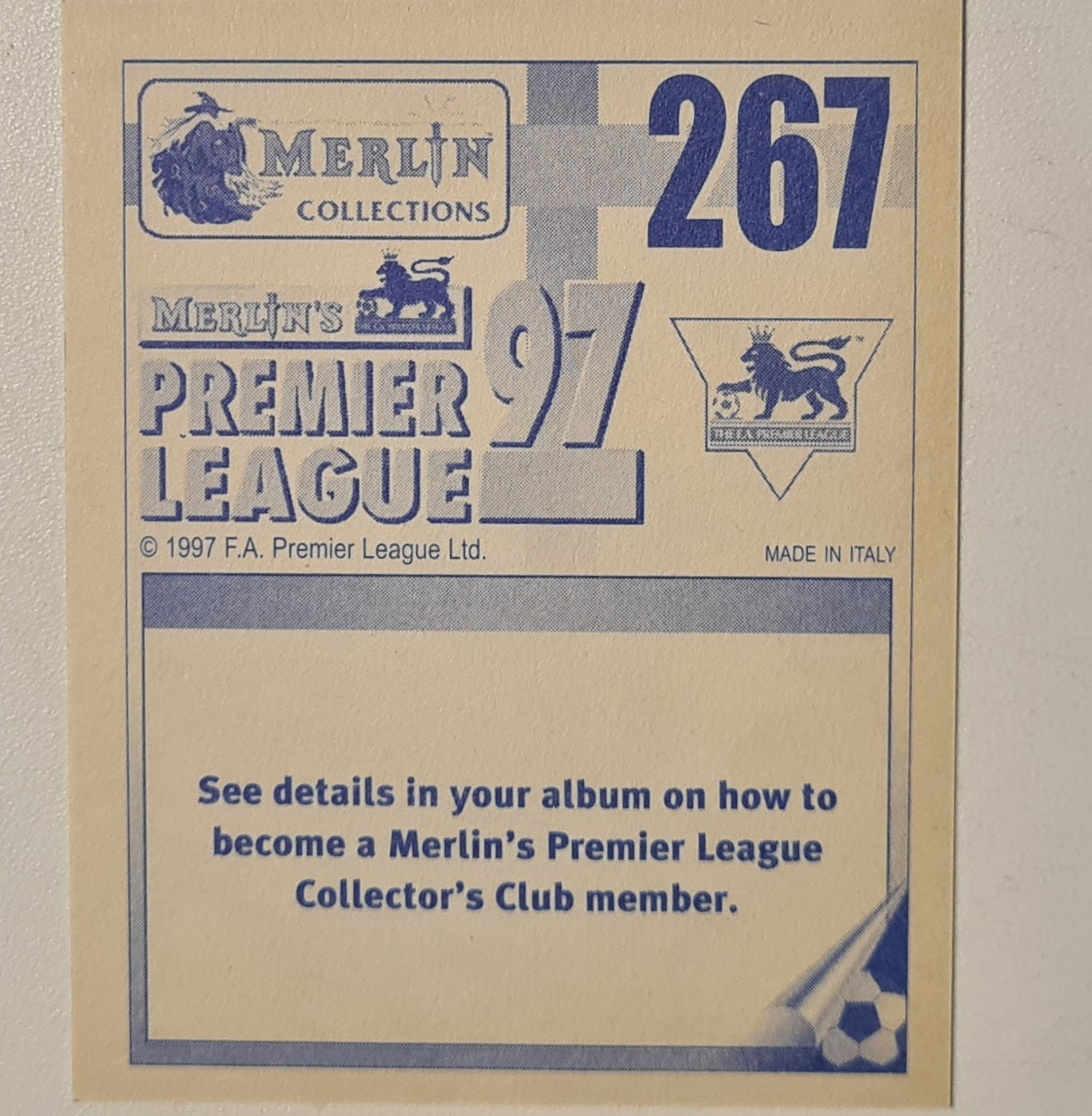 Eric Cantona 1997 Merlin Premier league 97 sticker #267 Football Manchester United Very good