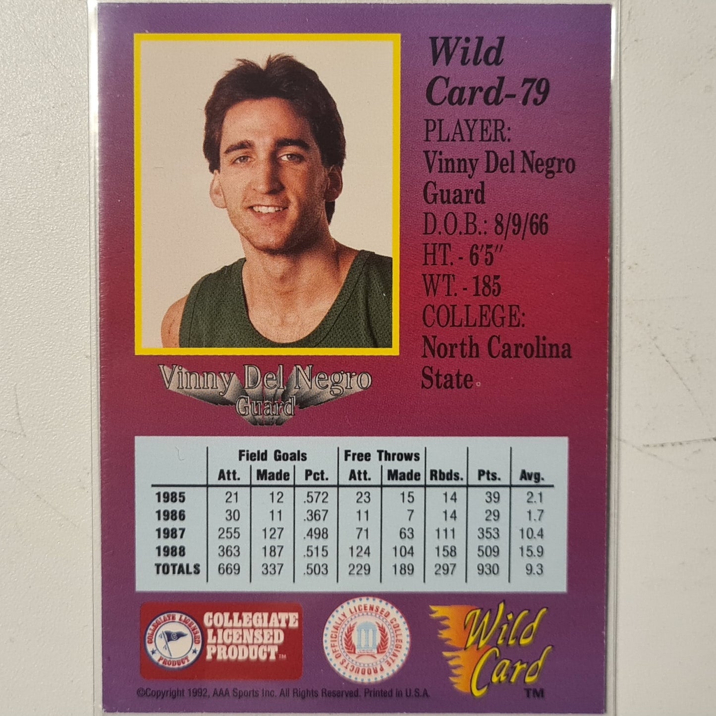 Vinny Del Negro 1992 Wild Card 1st edition Rookie RC #79 Basketball North Carolina State excellent-mint sleeved