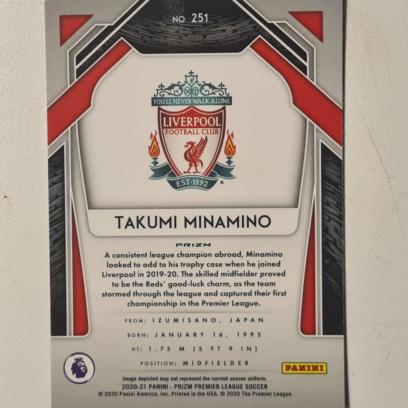 Takumi Minamino 2020-21 Panini Prizm premier league soccer pink cracked ice #251 Football Liverpool ex-mint sleeved