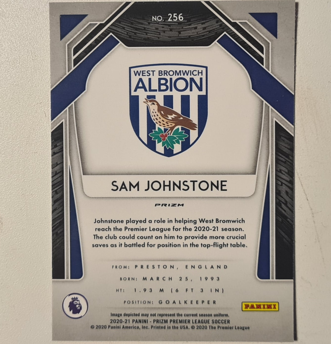 Sam Johnstone 2020-21 Panini Prizm premier league soccer pink cracked ice Rookie RC #256 Football West Bromwich Albion ex-mint sleeved