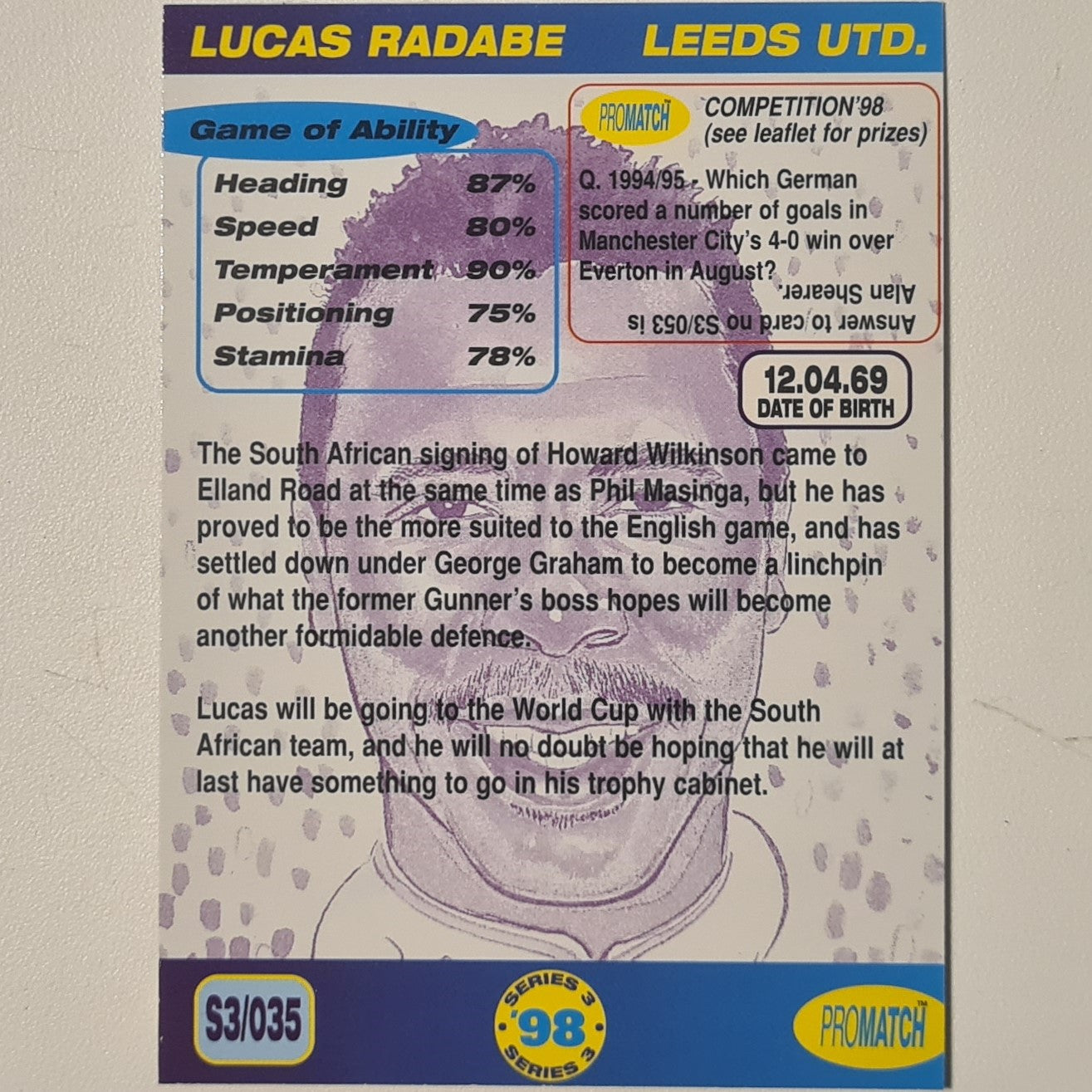 Lucas Radabe 1998 promatch 98 series 3 premiership #035 Football Leeds United Ex-mint