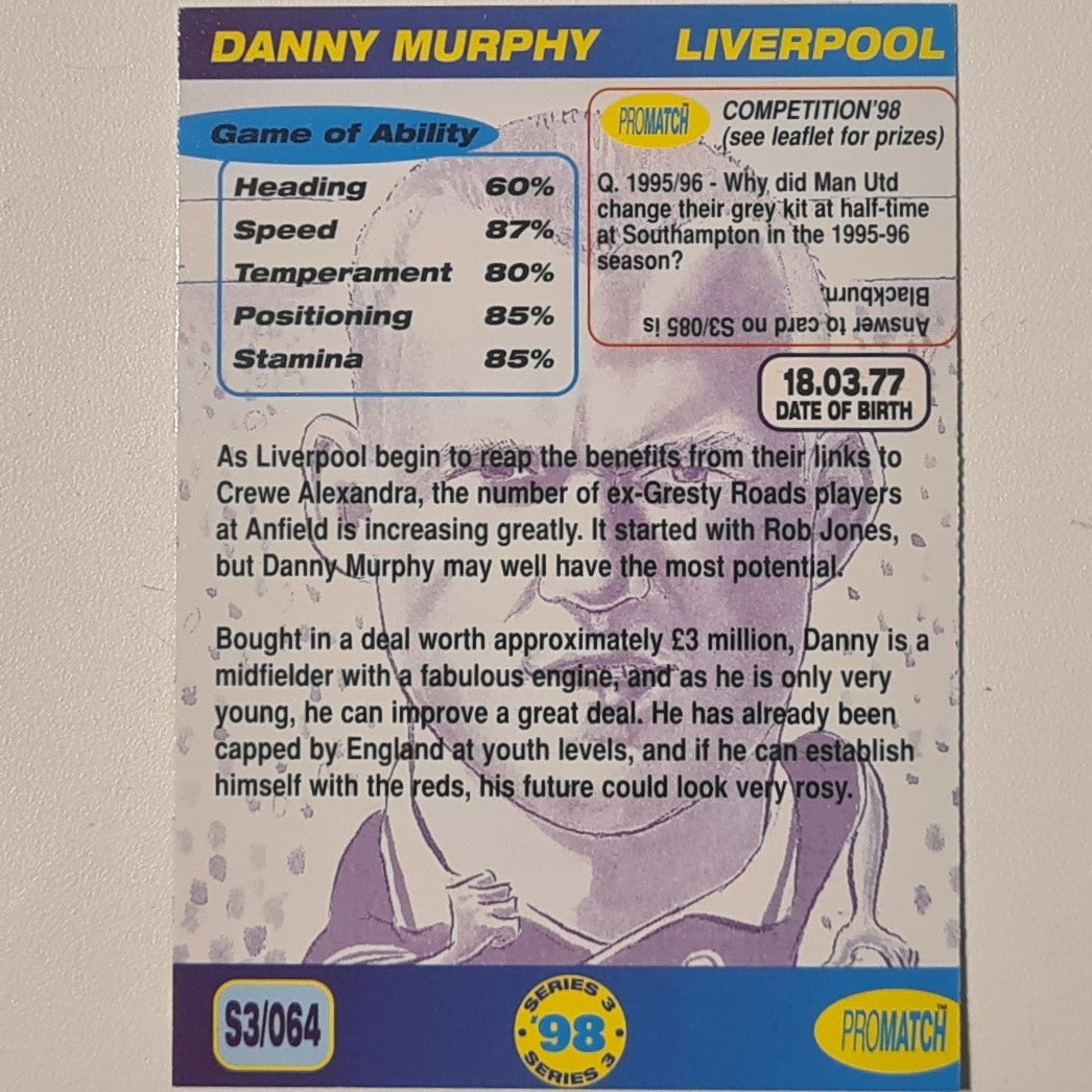 Danny Murphy 1998 promatch 98 series 3 premiership #064 Football Liverpool Ex-mint
