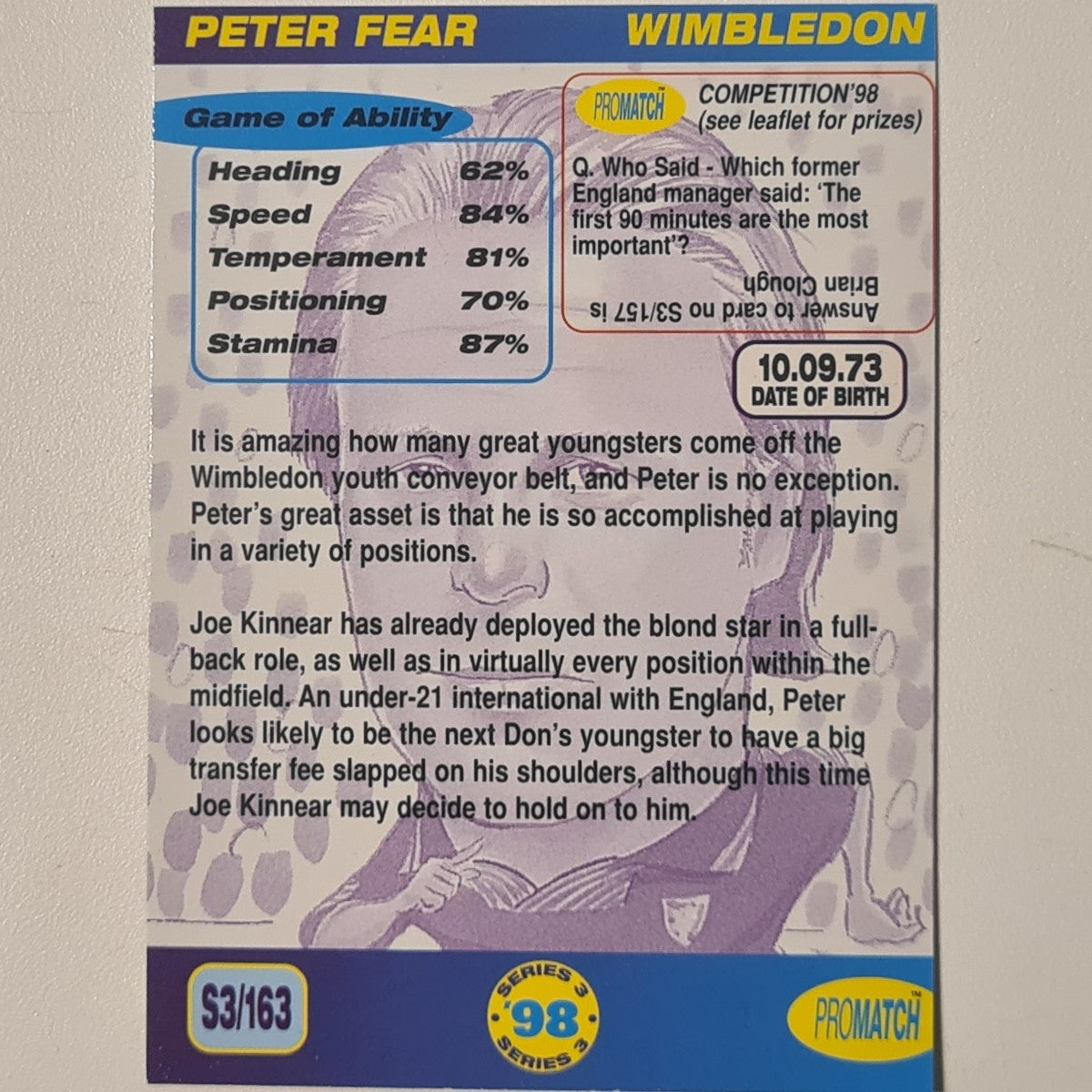 Peter Fear 1998 promatch 98 series 3 premiership #163 Football Wimbledon Ex-mint