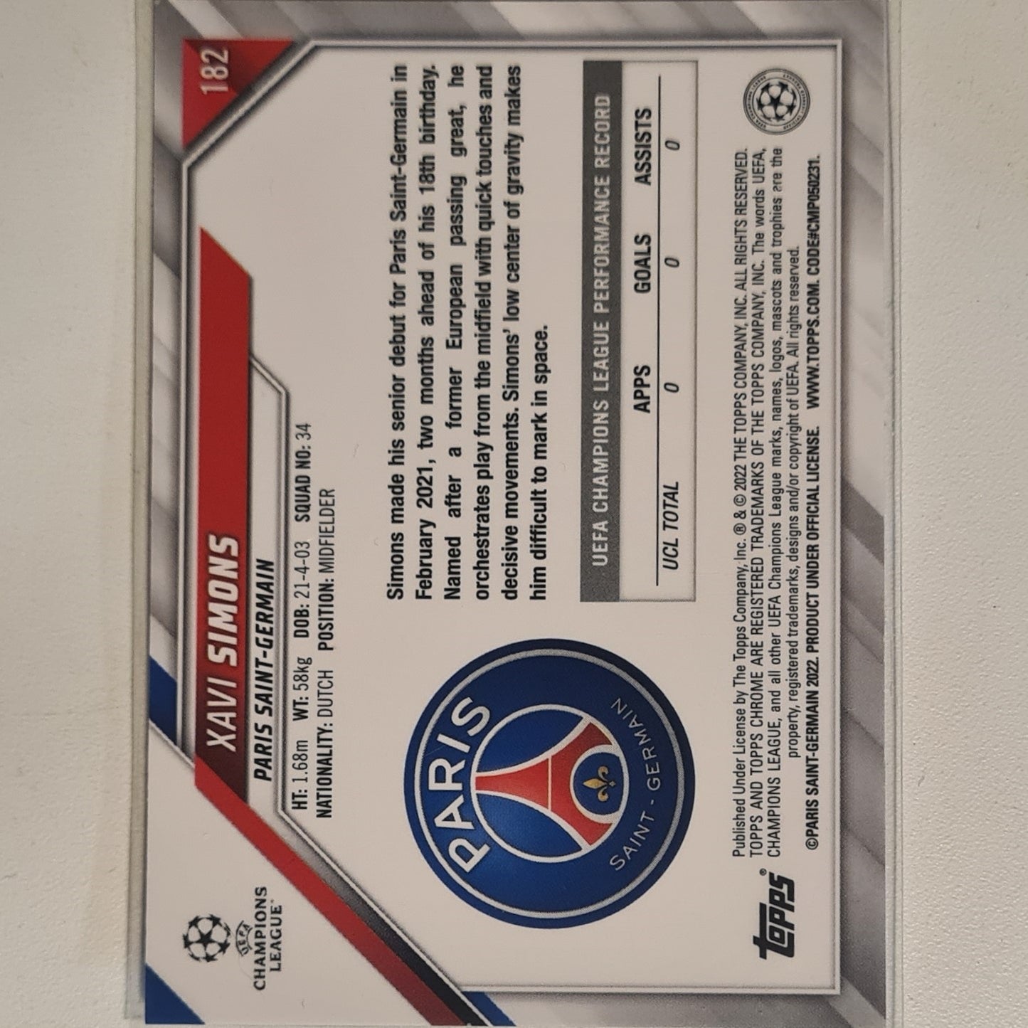 Xavi Simons 2022 Topps Chrome Champions League #182 Football Paris Saint Germain ex-mint