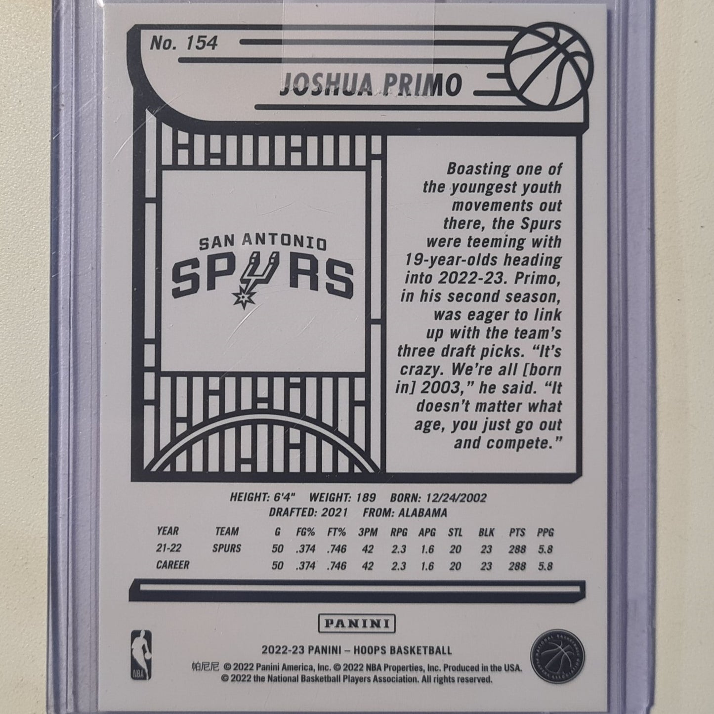 Joshua Primo 2022-23 Panini NBA Hoops explosion holo numbered 05/59 #154 NBA Basketball San Antonio Spurs mint