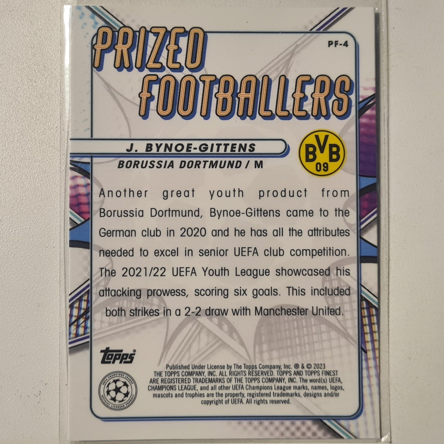 J Bynoe-Gittens 2023 Topps Finest champions league prized footballers prizm rookie RC PF-4 Borussia Dortmund mint