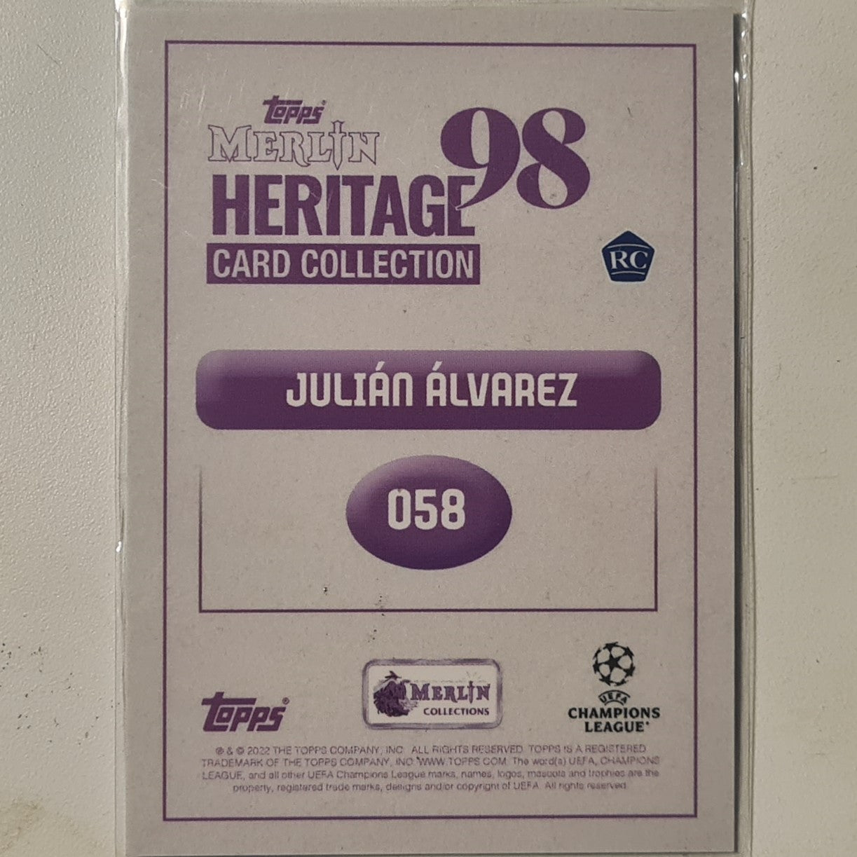 Julian Alvarez 2022 Topps Merlin Heritage 98 Champions League Rookie RC #058 football Manchester City mint sleeved