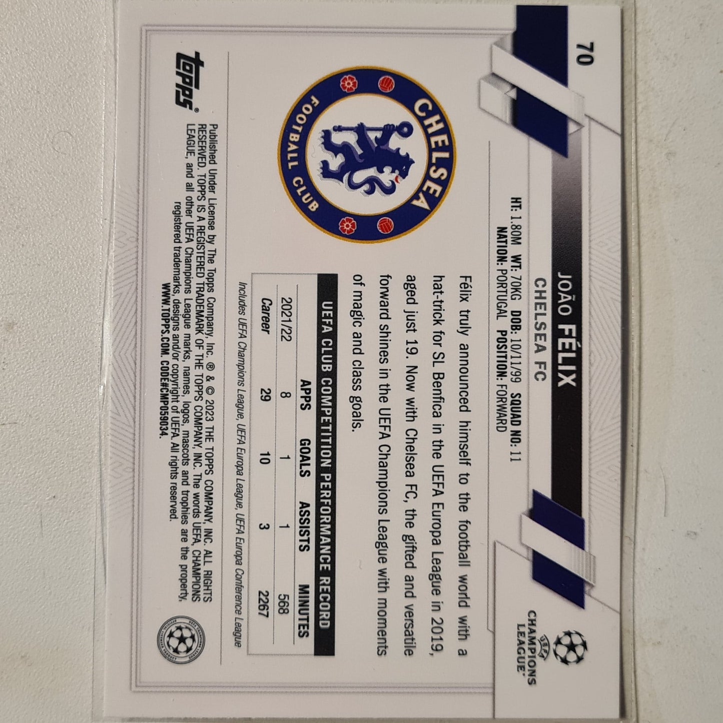Joao Felix 2023 Topps Champions league #70 soccer Chelsea mint sleeved