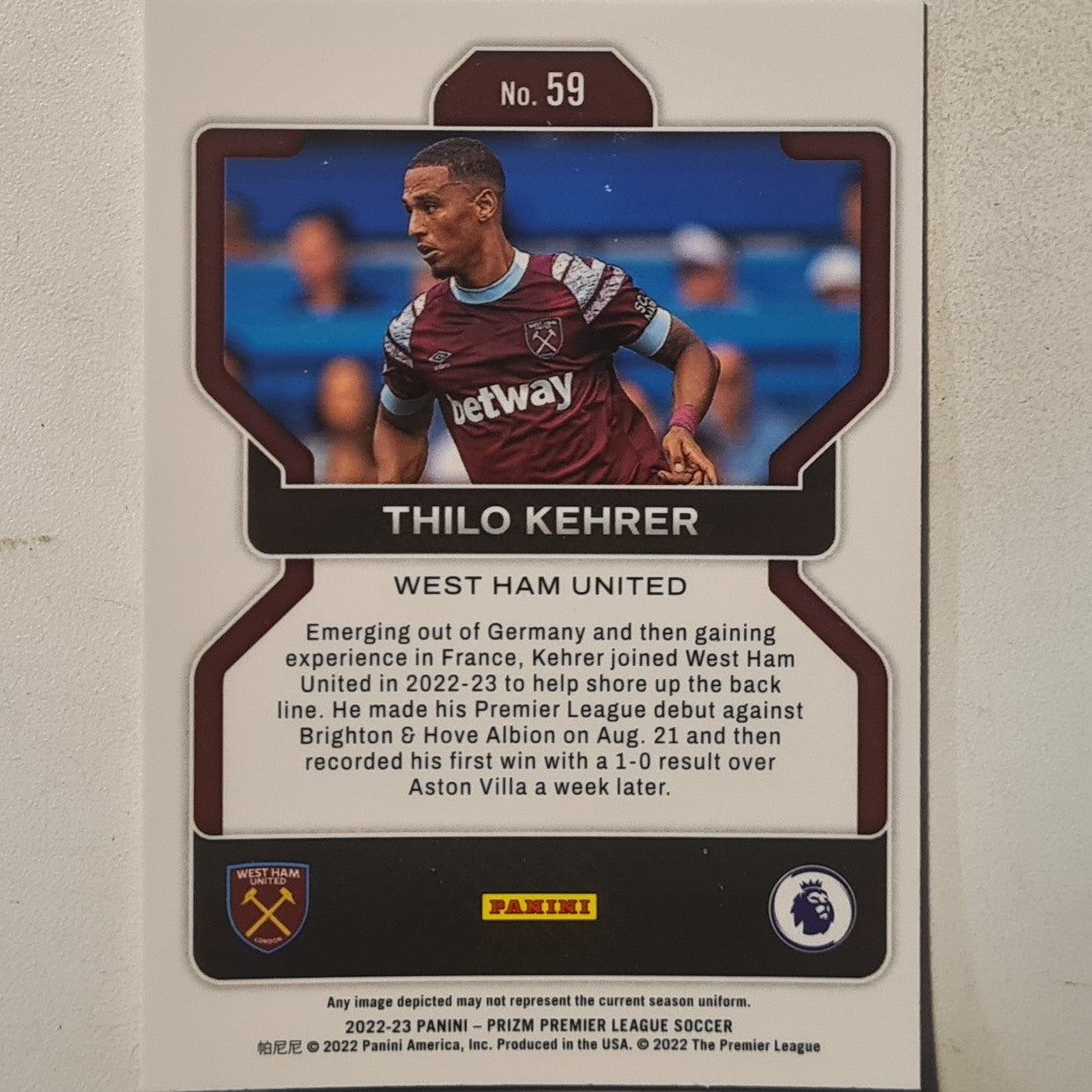 Thilo Kehrer 2022-23 Panini Prizm premier league soccer #59 football West ham United ex-mint sleeved