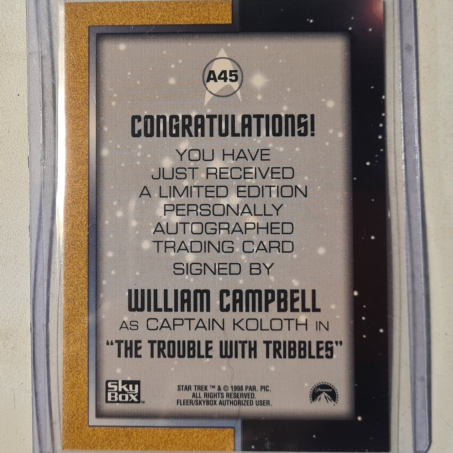 Star Trek Autograph Series 1998 Rittenhouse William Campbell as Captain Koloth Autograph A45 mint sleeved