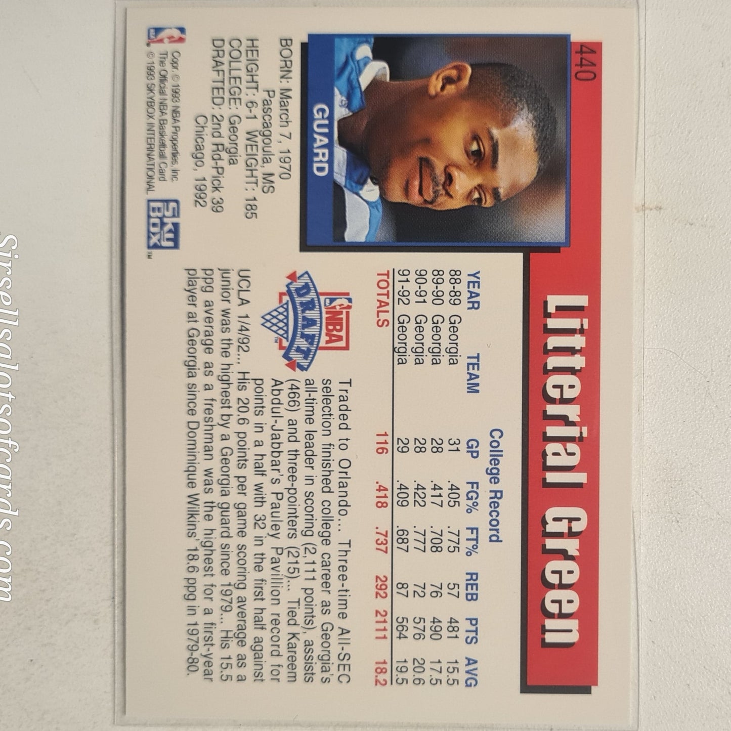 Litterial Green 1993 NBA Hoops Rookie RC #440 NBA Basketball Orlando Magic Ex- mint sleeved