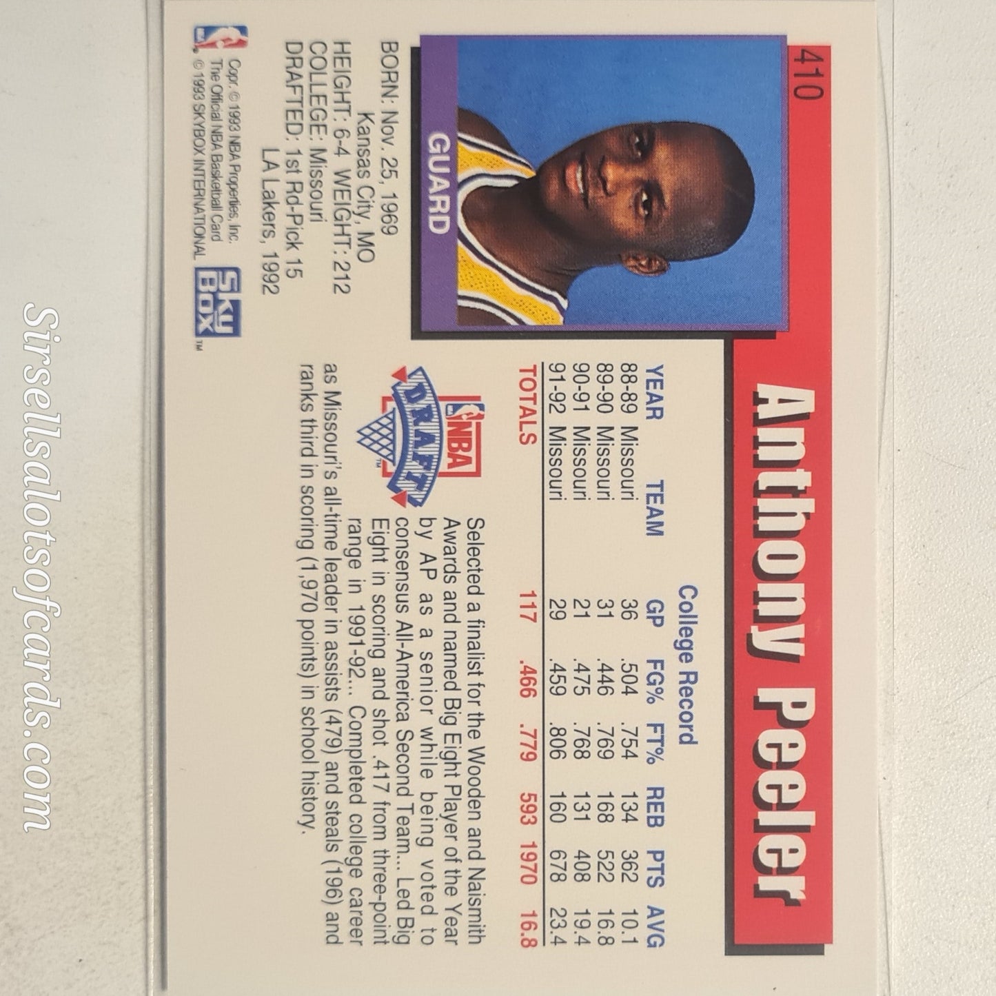 Anthony Peeler 1993 NBA Hoops Rookie RC #410 NBA Basketball LA Lakers Ex- mint sleeved