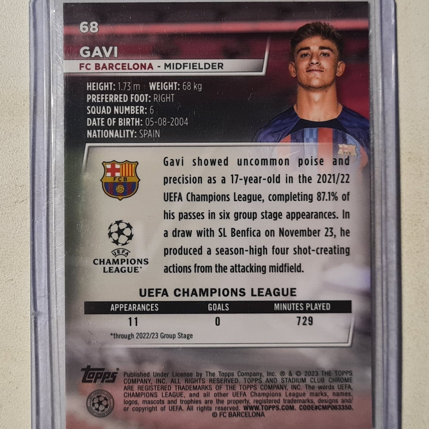 Gavi Topps Chrome stadium club 2023 Champions league #68 football Barcelona ex-Mint sleeved