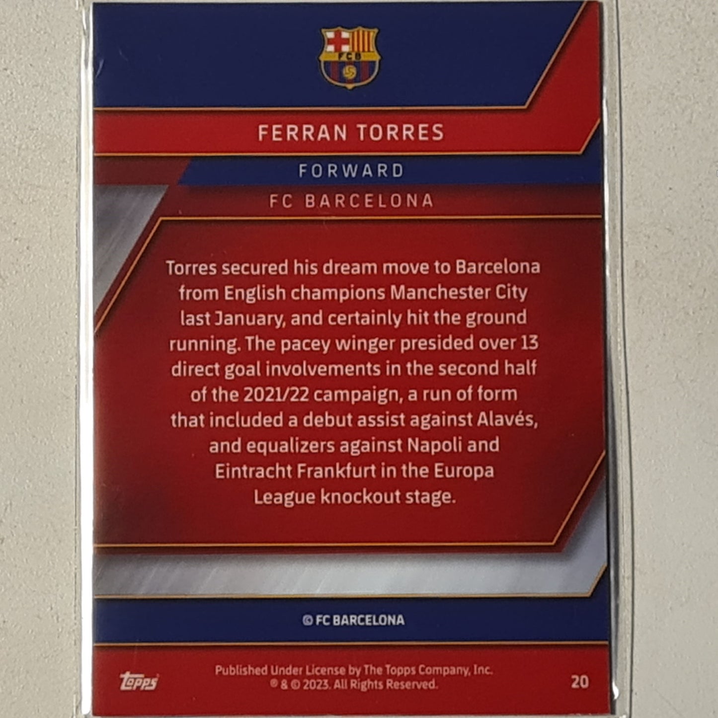 Ferran Torres 2023 Topps Chrome Barcelona set #20 football Barcelona ex-Mint sleeved
