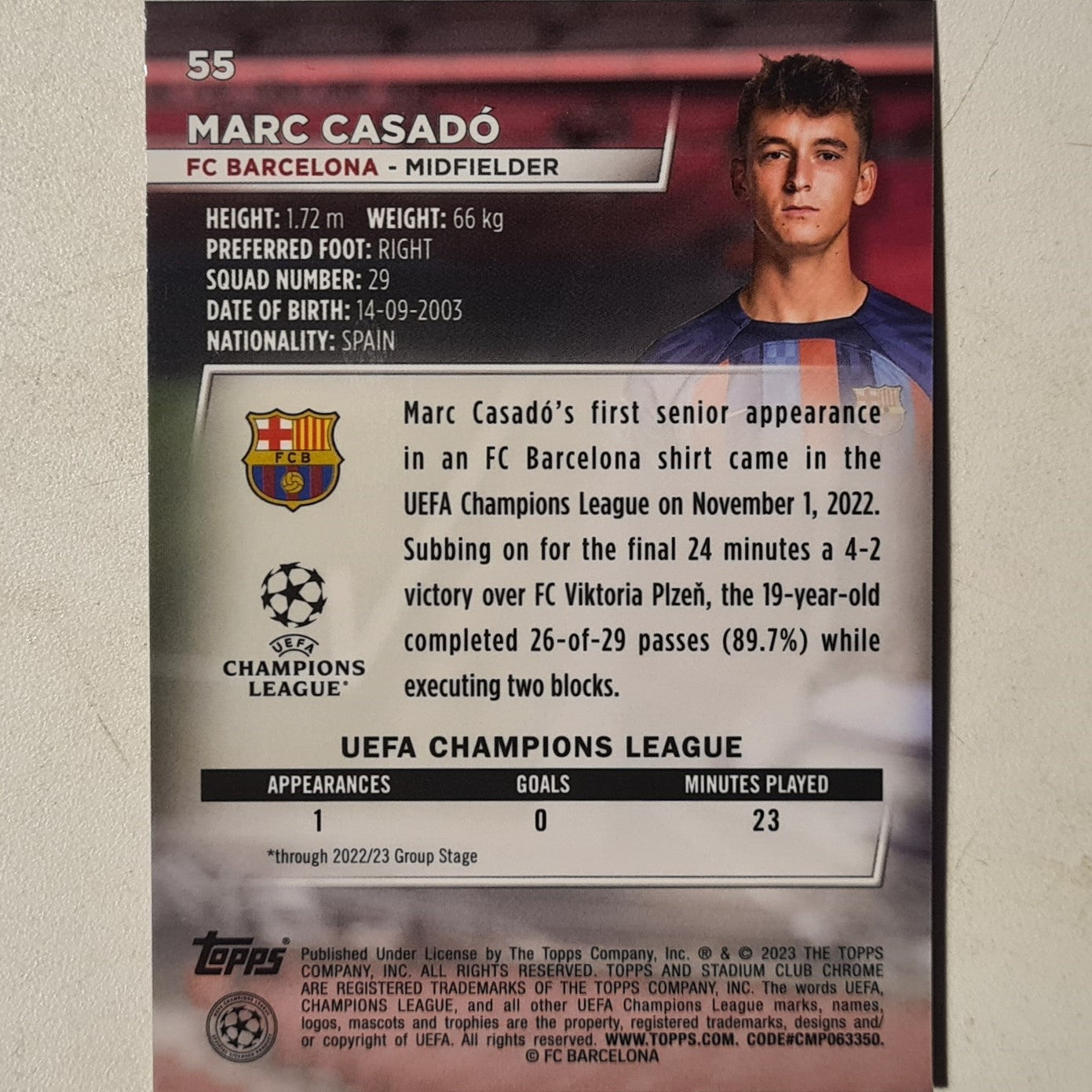 Marc Casado 2023 Topps Stadium Club Champions League Rookie RC #55 Football Barcelona ex-mint sleeved