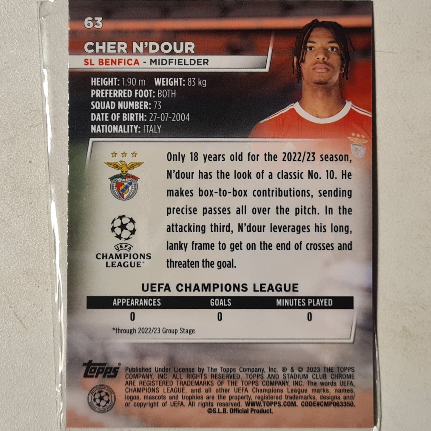 Cher N'Dour 2023 Topps Stadium Club Champions League Rookie RC #63 Football BENFICA ex-mint sleeved