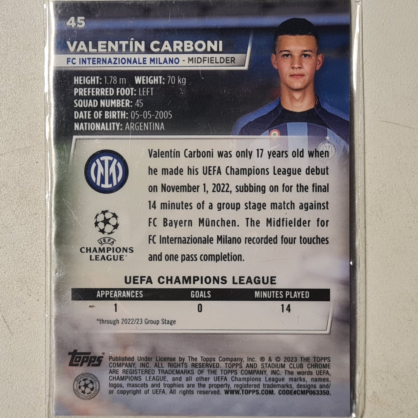 Valentin Carboni 2023 Topps Stadium Club Champions League Rookie RC #45 Football Inter Milan ex-mint sleeved