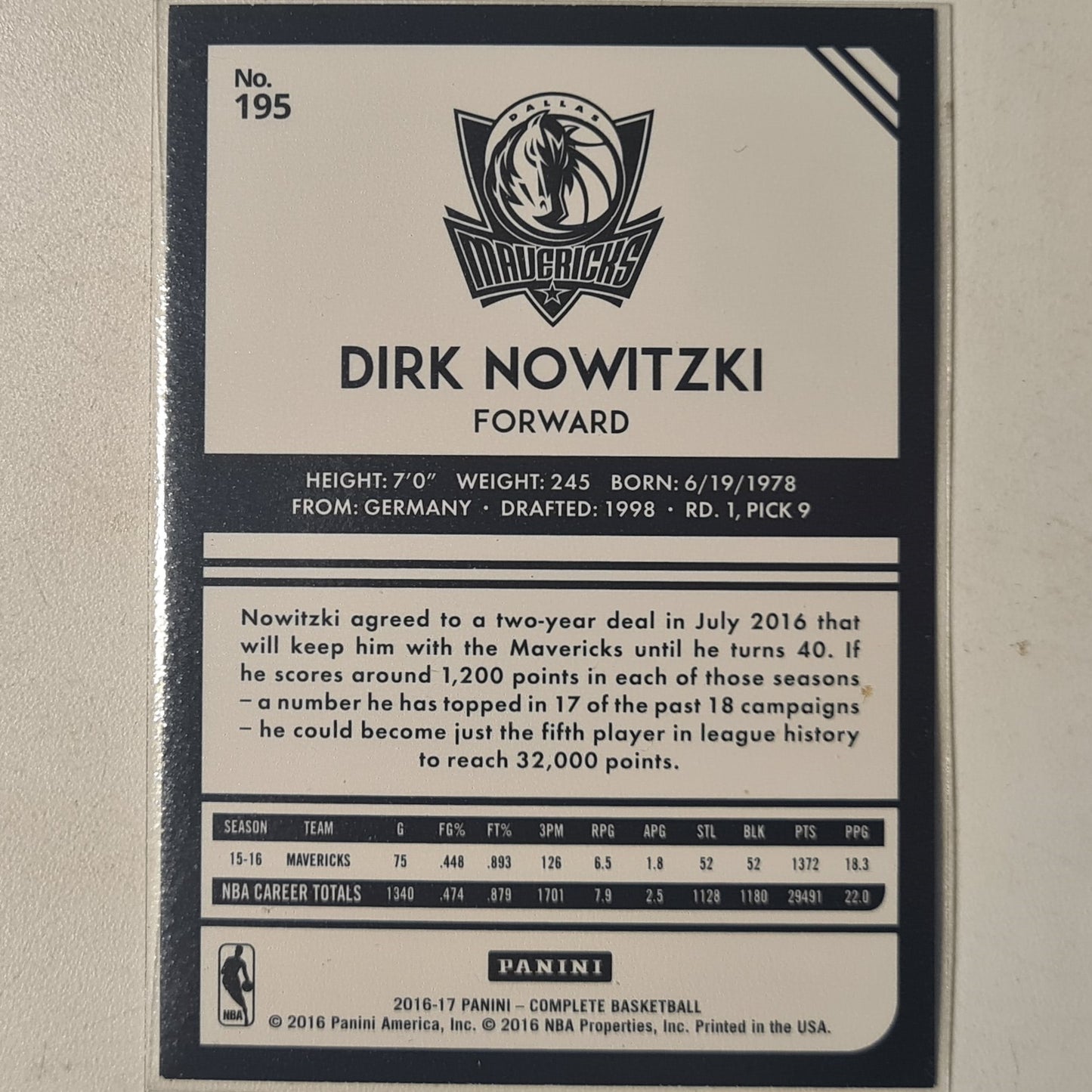 Dirk Nowitzki 2016-17 Panini complete silver edge Variant #195 NBA Basketball Dallas Mavericks excellent sleeved