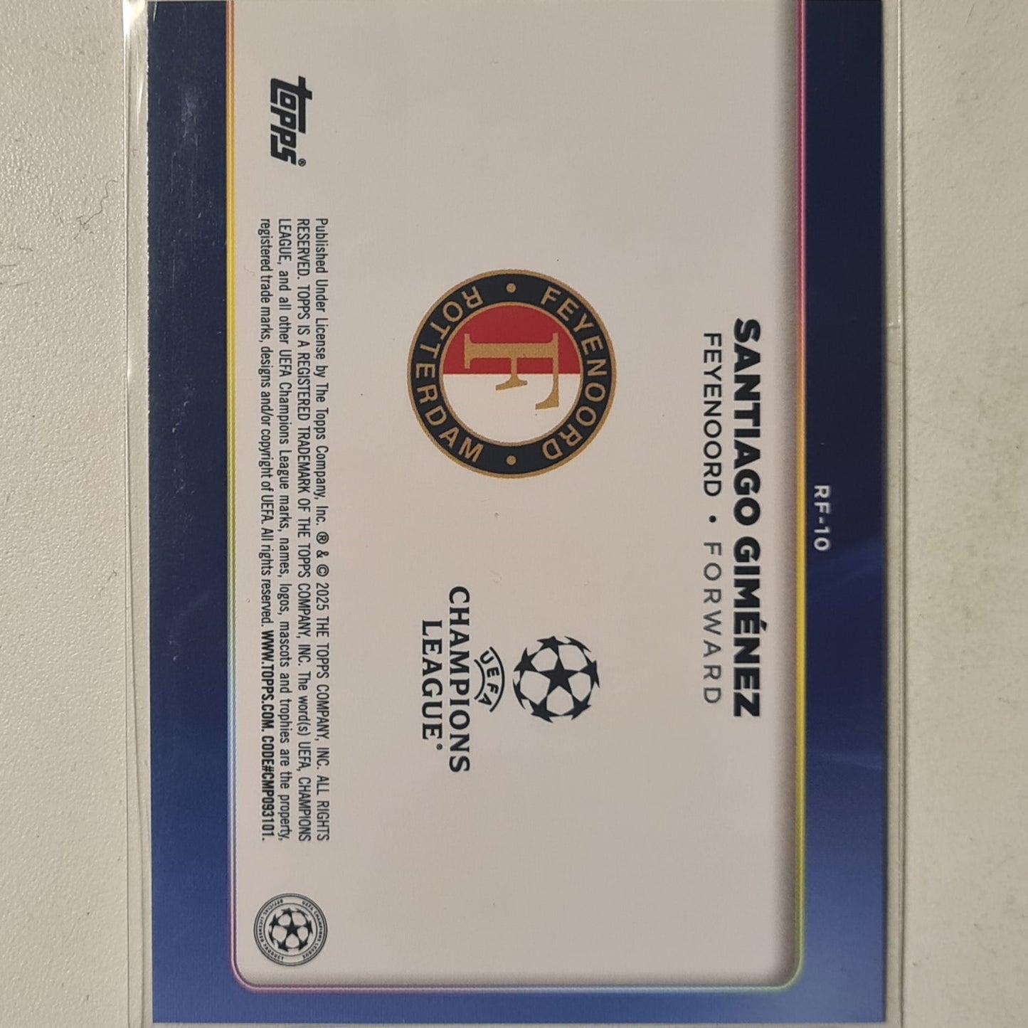 Santiago Gimenez 2025 Topps Champions league Trophy Chasers Soccer RF-10 Football Feyenoord ex-mint sleeved