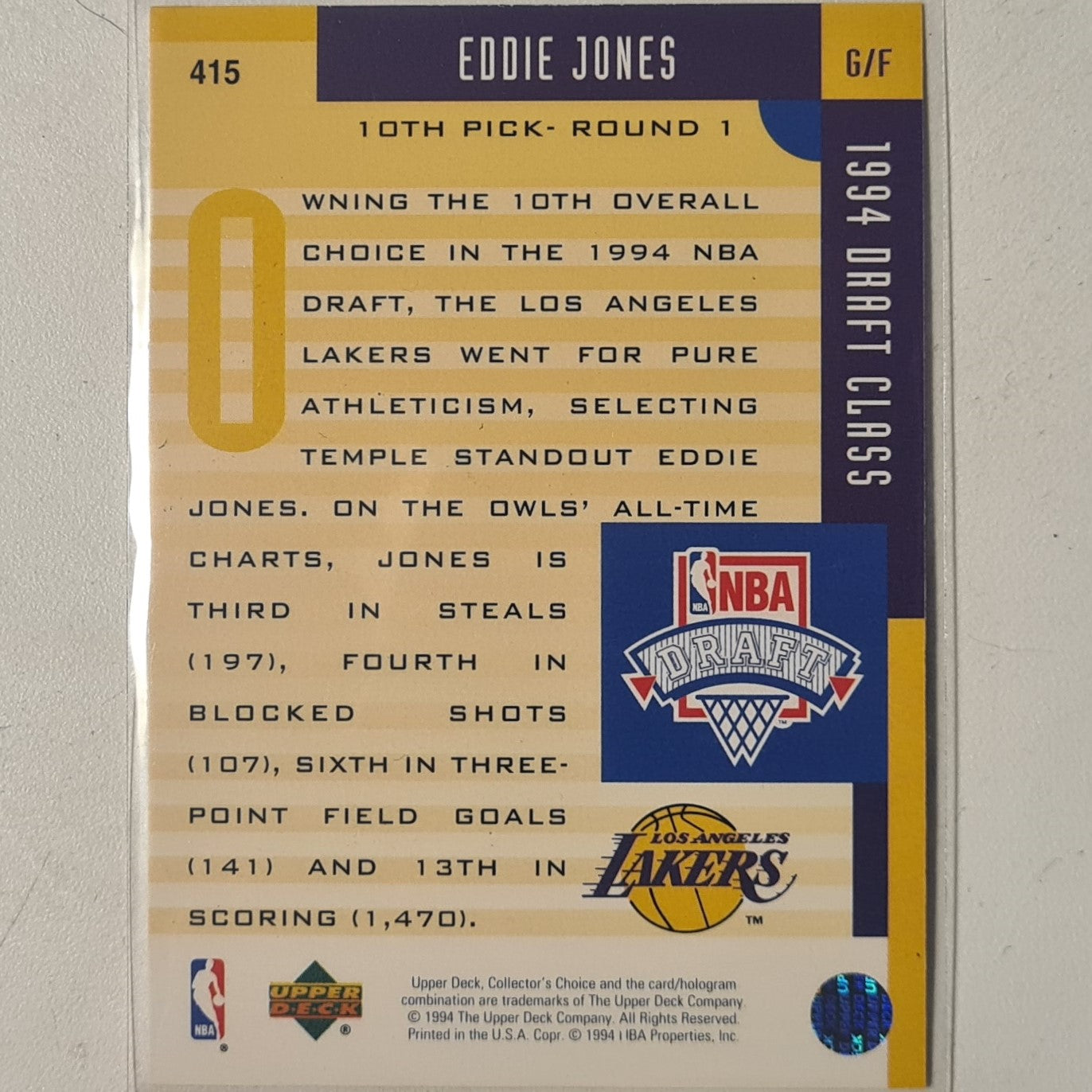 Eddie Jones 1994 Upper-Deck silver printed auto variant rookie RC #415 NBA Basketball LA Lakers excellent sleeved