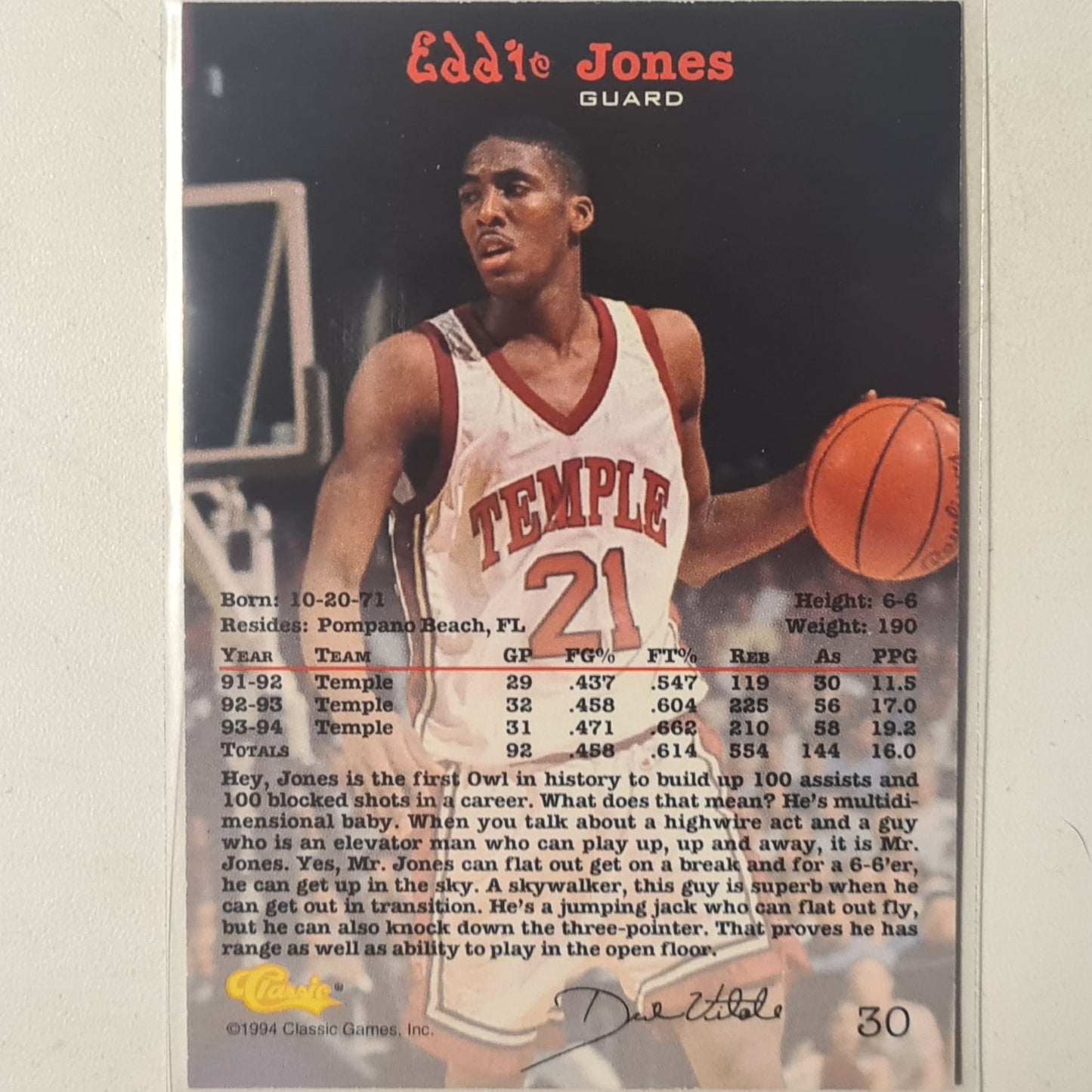 Eddie jones 1994 classic COLLEGE Rookie RC #30 NBA Basketball LA Lakers temple Excellent