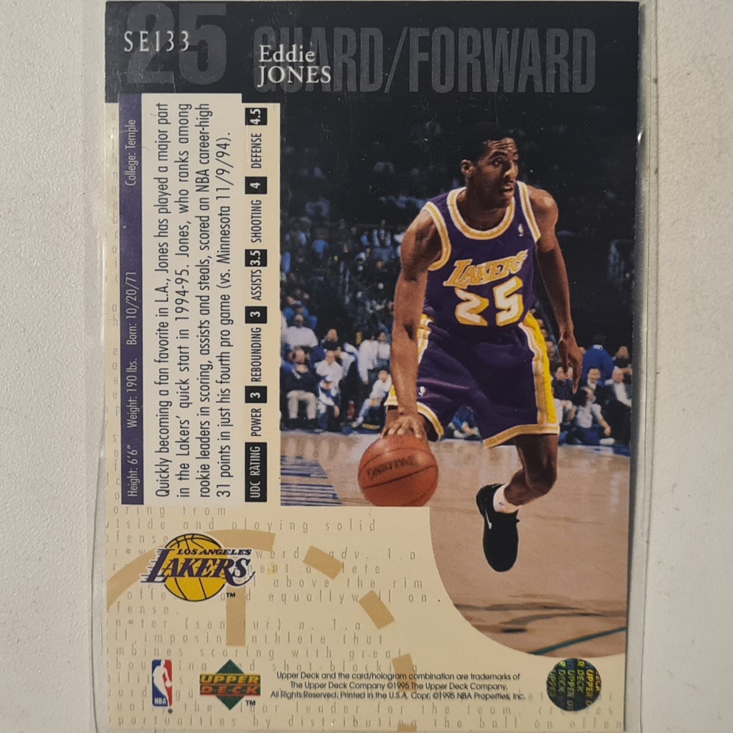 Eddie Jones 1995 Upper-Deck silver foil SE133 NBA Basketball LA Lakers Ex-NR mint