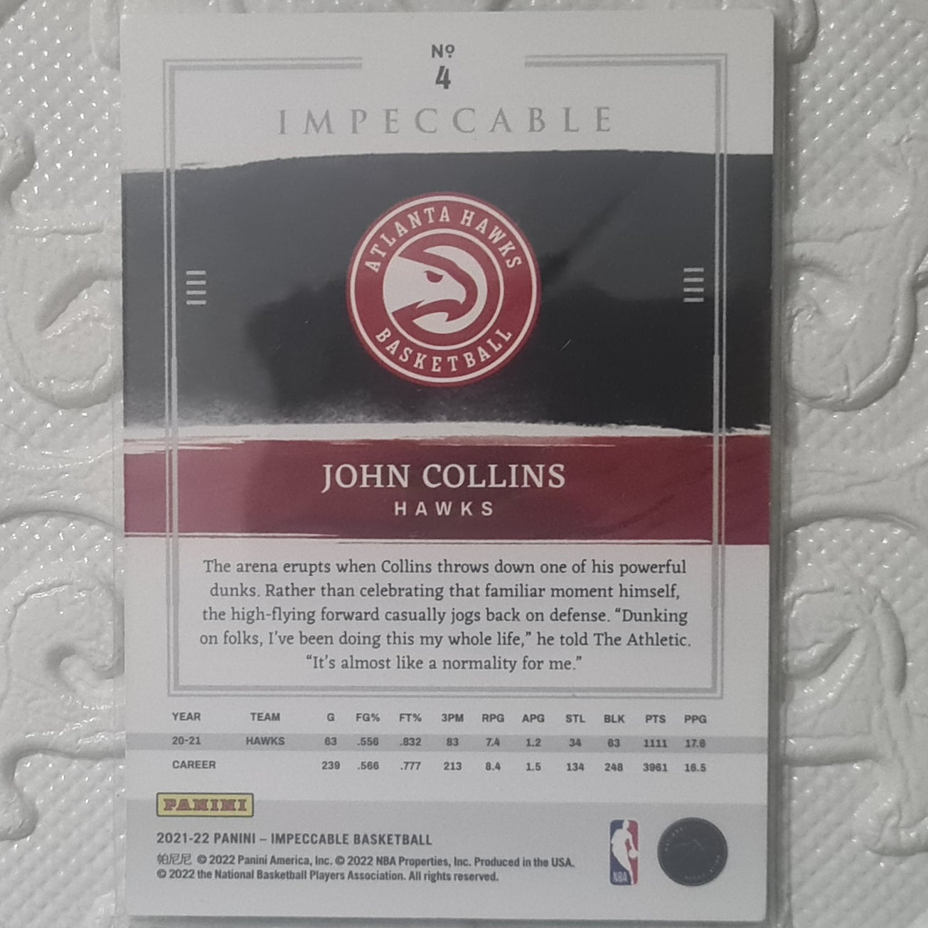John Collins 2021-22 Panini Impeccable Basketball numbered 07/49 #4 NBA Basketball Atlanta Hawks ex-mint
