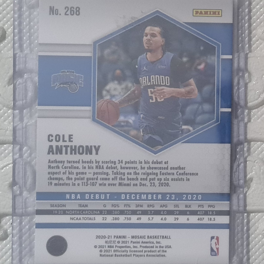Cole Anthony 2020-21 Panini Mosaic debut Basketball Rookie RC #268 NBA Basketball Orlando ex-mint