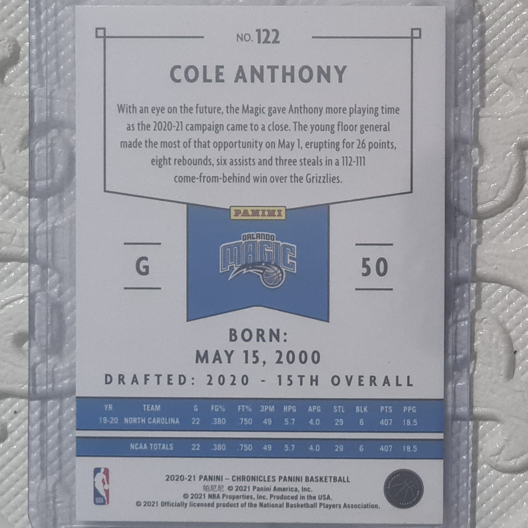 Cole Anthony 2020-21 Panini Chronicles Basketball Rookie RC #122 NBA Basketball Orlando ex-mint