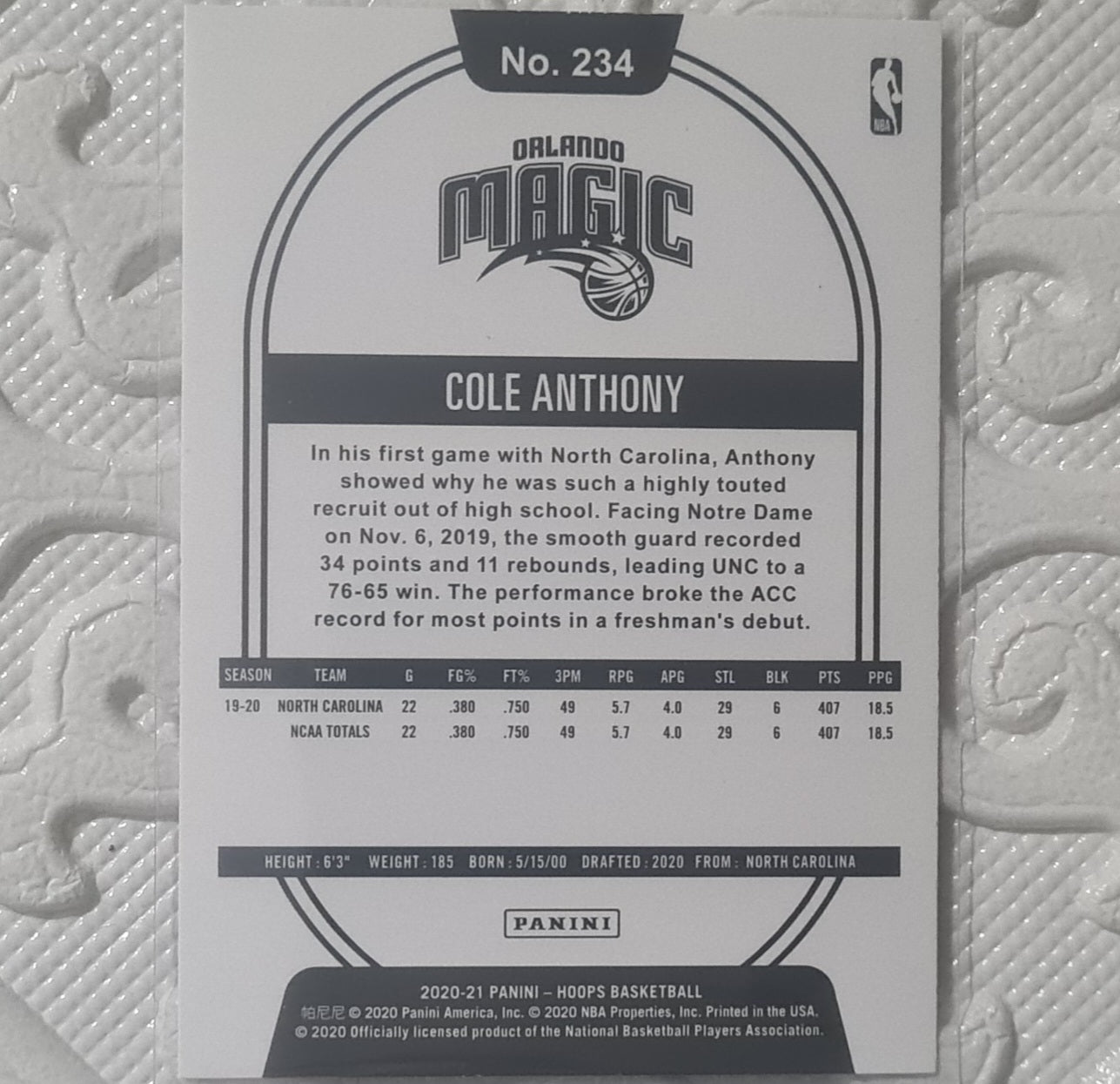 Cole Anthony 2020-21 Panini NBA Hoops blue purple Rookie RC #234 NBA Basketball Orlando ex-mint