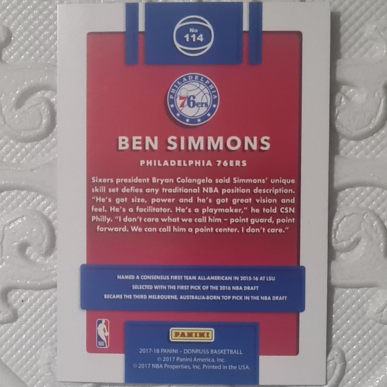 Ben Simmons 2017-18 Panini Donruss Basketball #114 NBA Basketball Philadelphia 76ers excellent