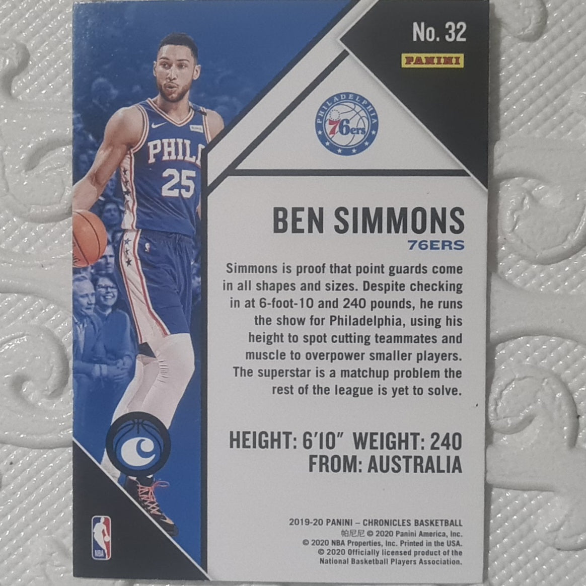 Ben Simmons 2019-20 Panini Chronicles Basketball #32 NBA Basketball Philadelphia 76ers excellent