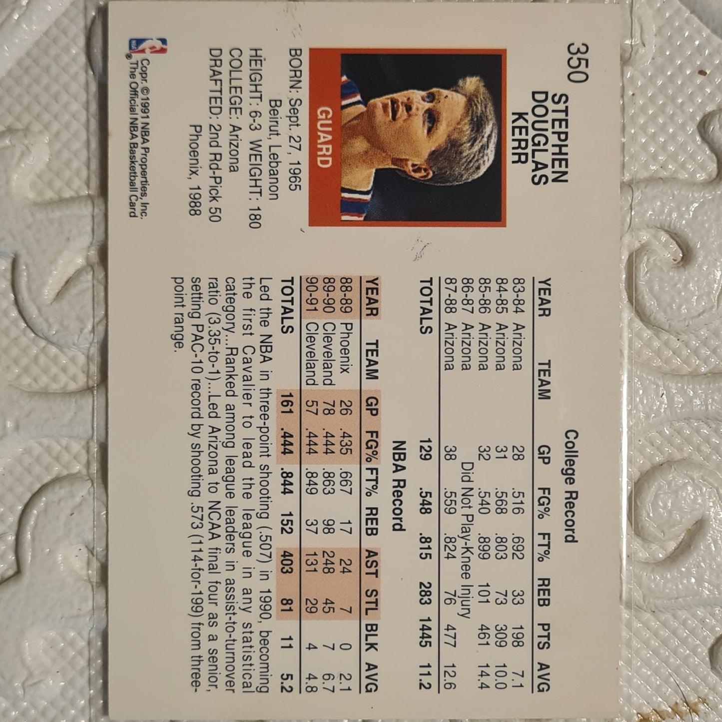 Steve Kerr 1991 NBA Hoops #350 NBA Basketball Cleveland Cavaliers Excellent Sleeved