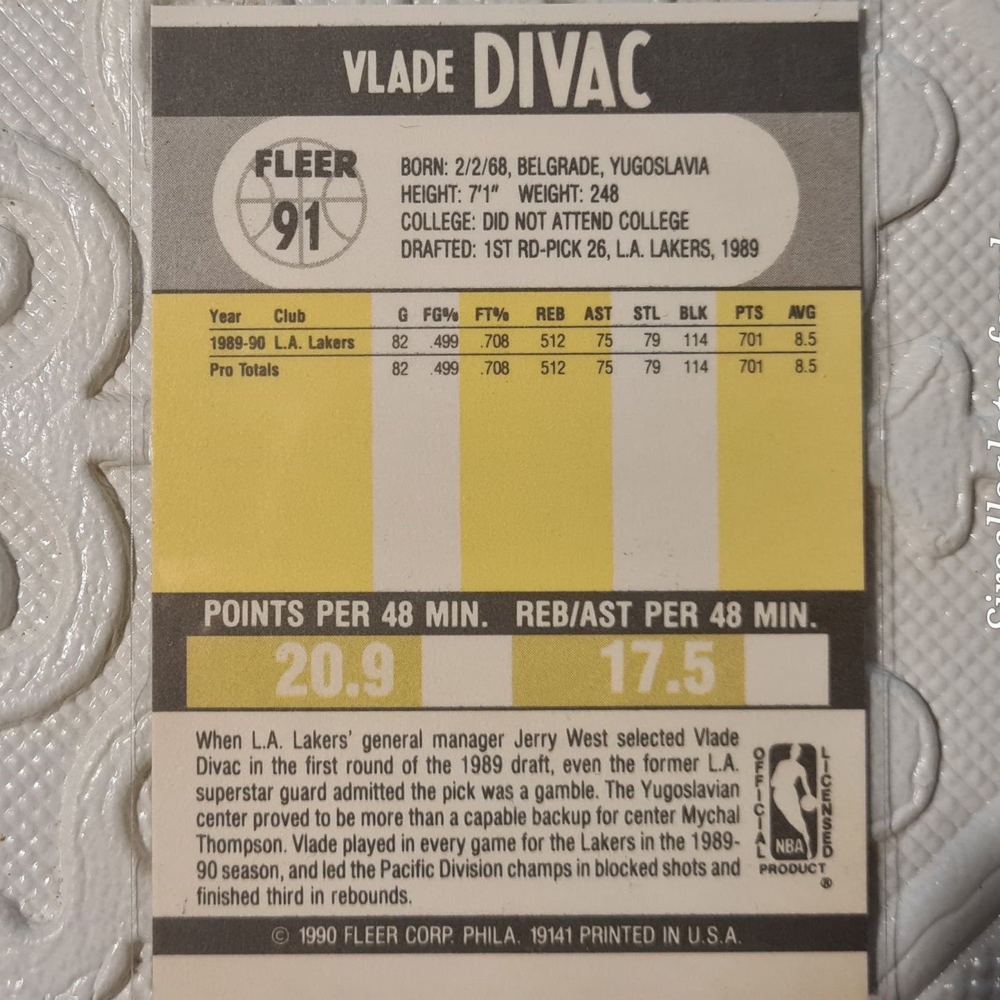 Vlade Divac 1990 Fleer 91 NBA Basketball LA Lakers Excellent to mint Sleeved