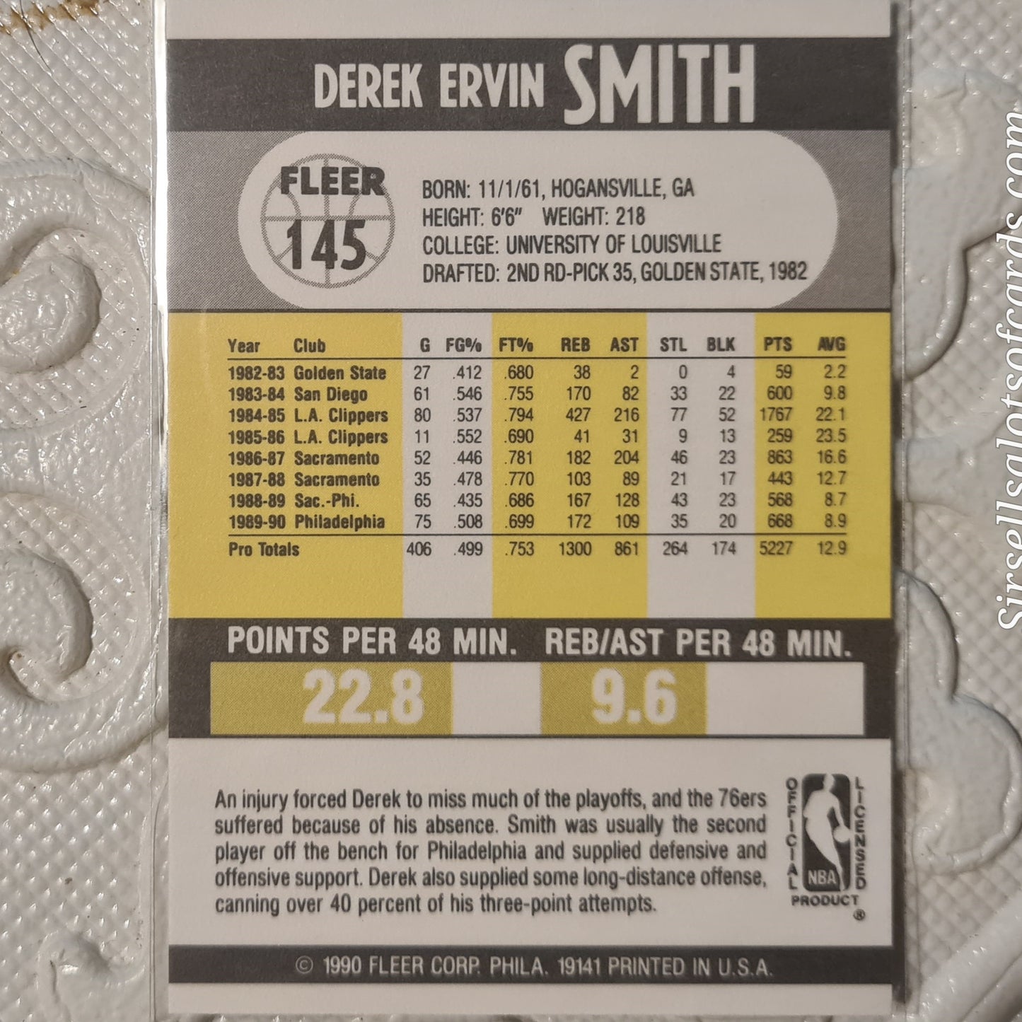 Derek Smith Fleer 90 1990-91 #145 NBA Basketball Philadelphia 76ers ex-mint sleeved