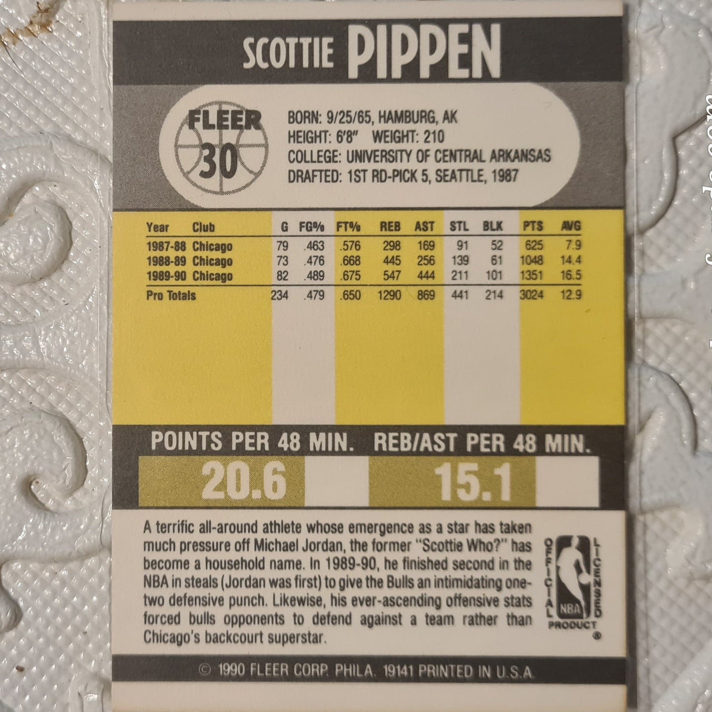 Scottie Pippen Fleer 90 1990-91 #30 NBA Basketball Chicago Bulls ex-mint sleeved