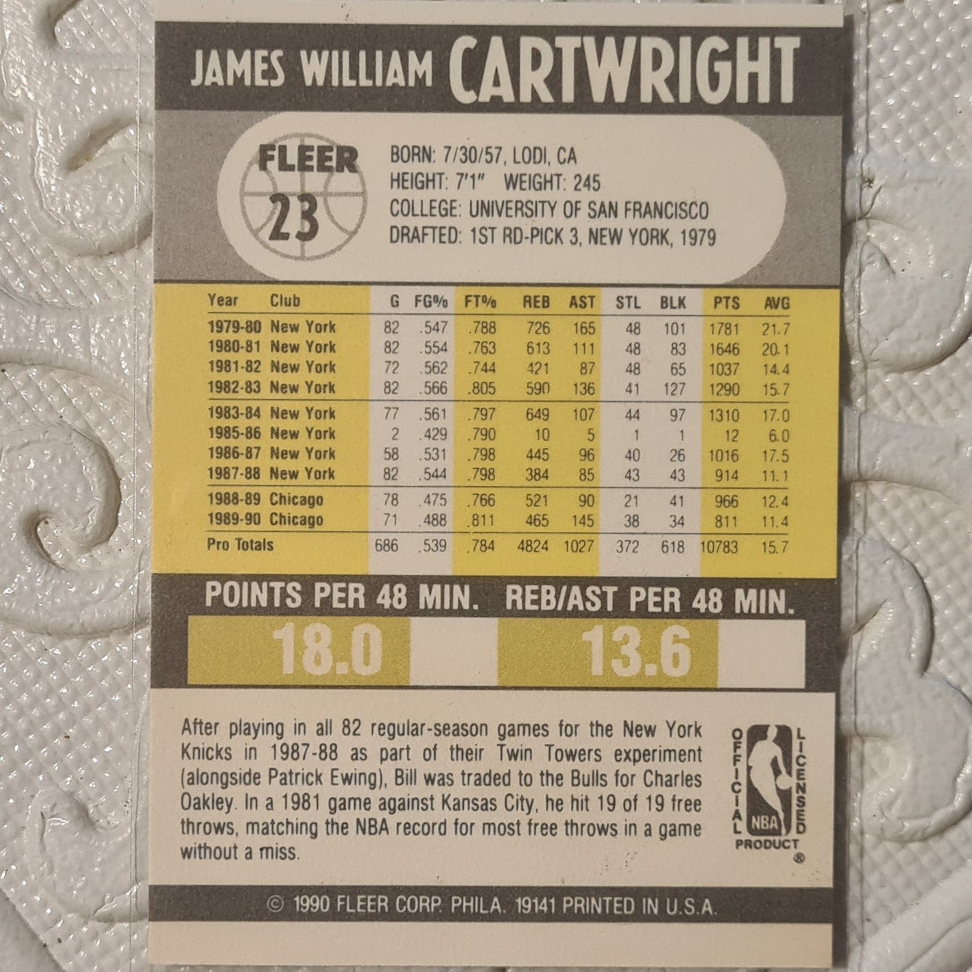 Bill Cartwright Fleer 90 1990-91 #23 NBA Basketball Chicago Bulls ex-mint sleeved