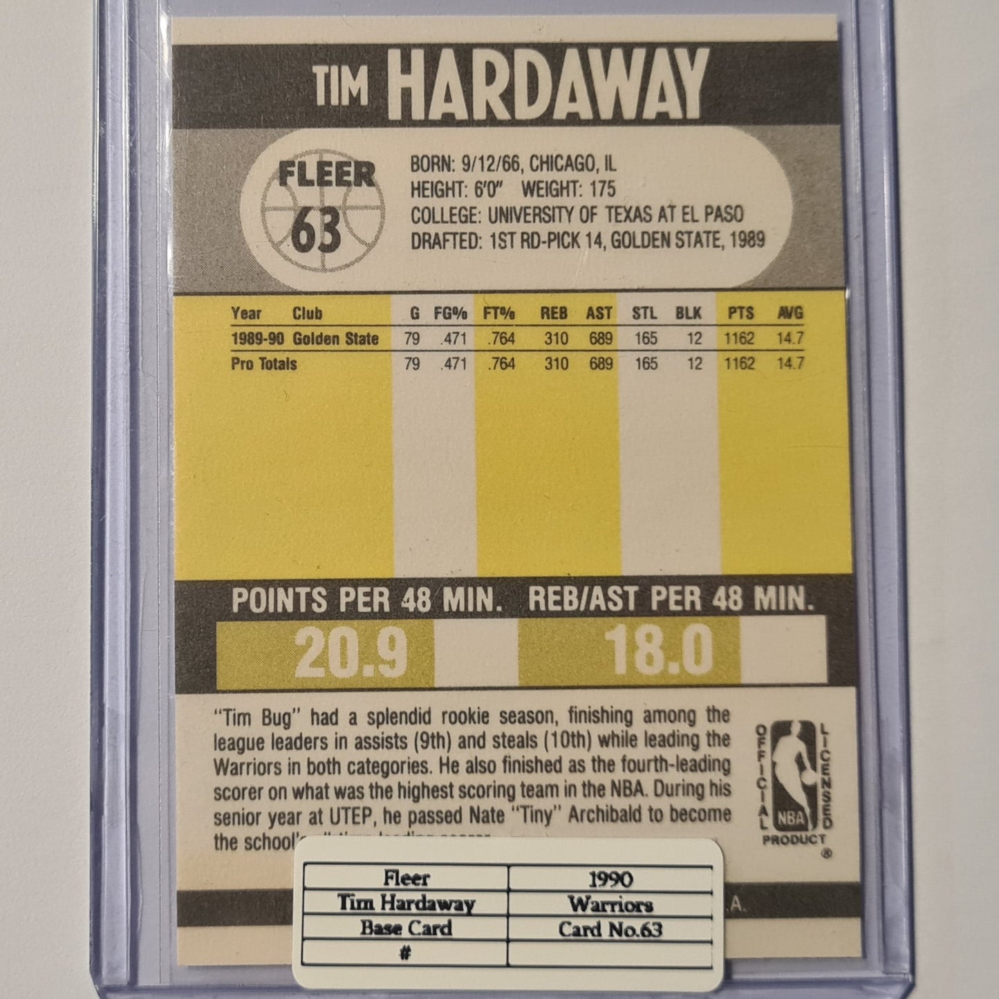 Tim Hardaway 1990 Fleer 90 #63 NBA Basketball Golden state Warriors ex-mint sleeved