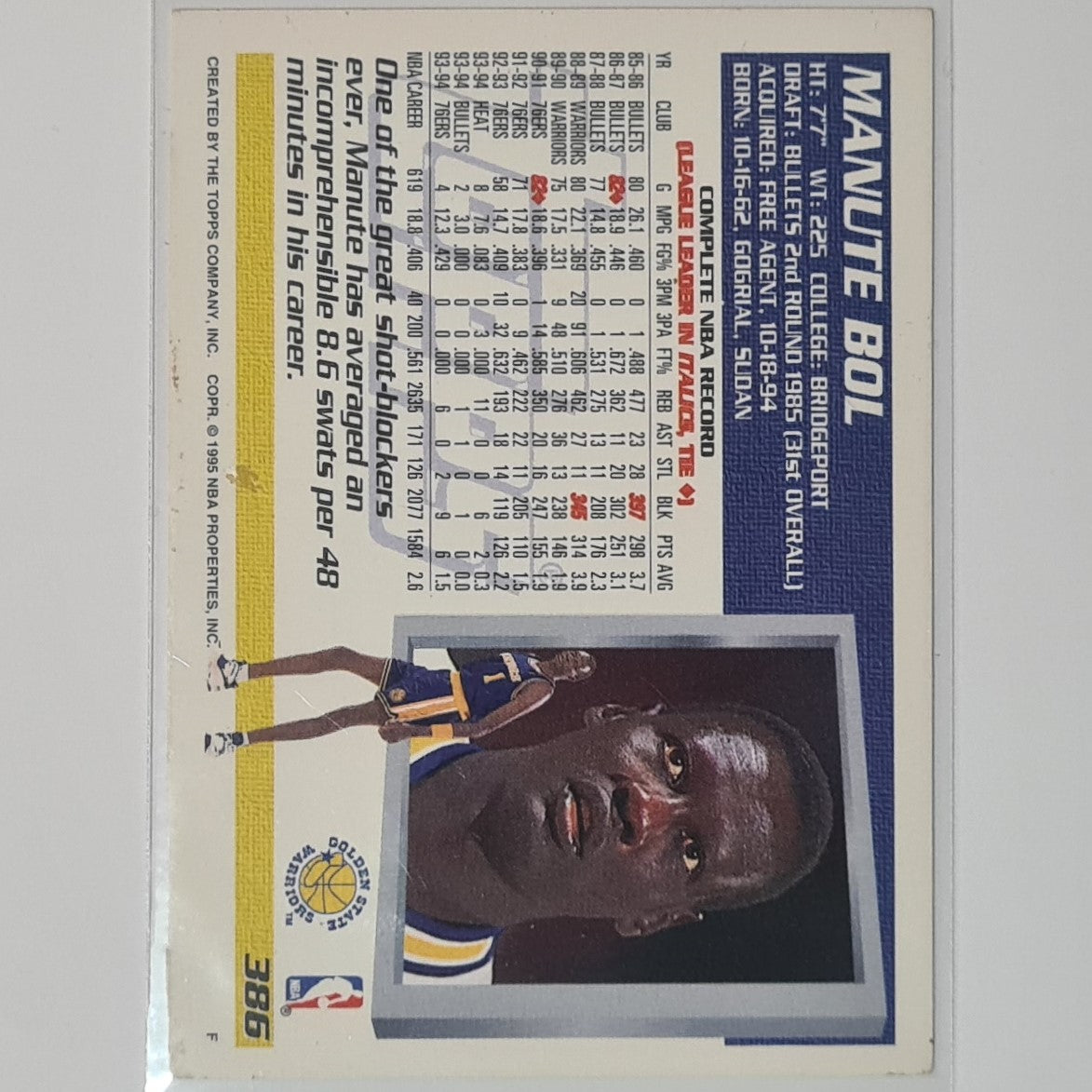 Manute Bol 1995 Topps #386 NBA Basketball Golden State Warriors very good Sleeved