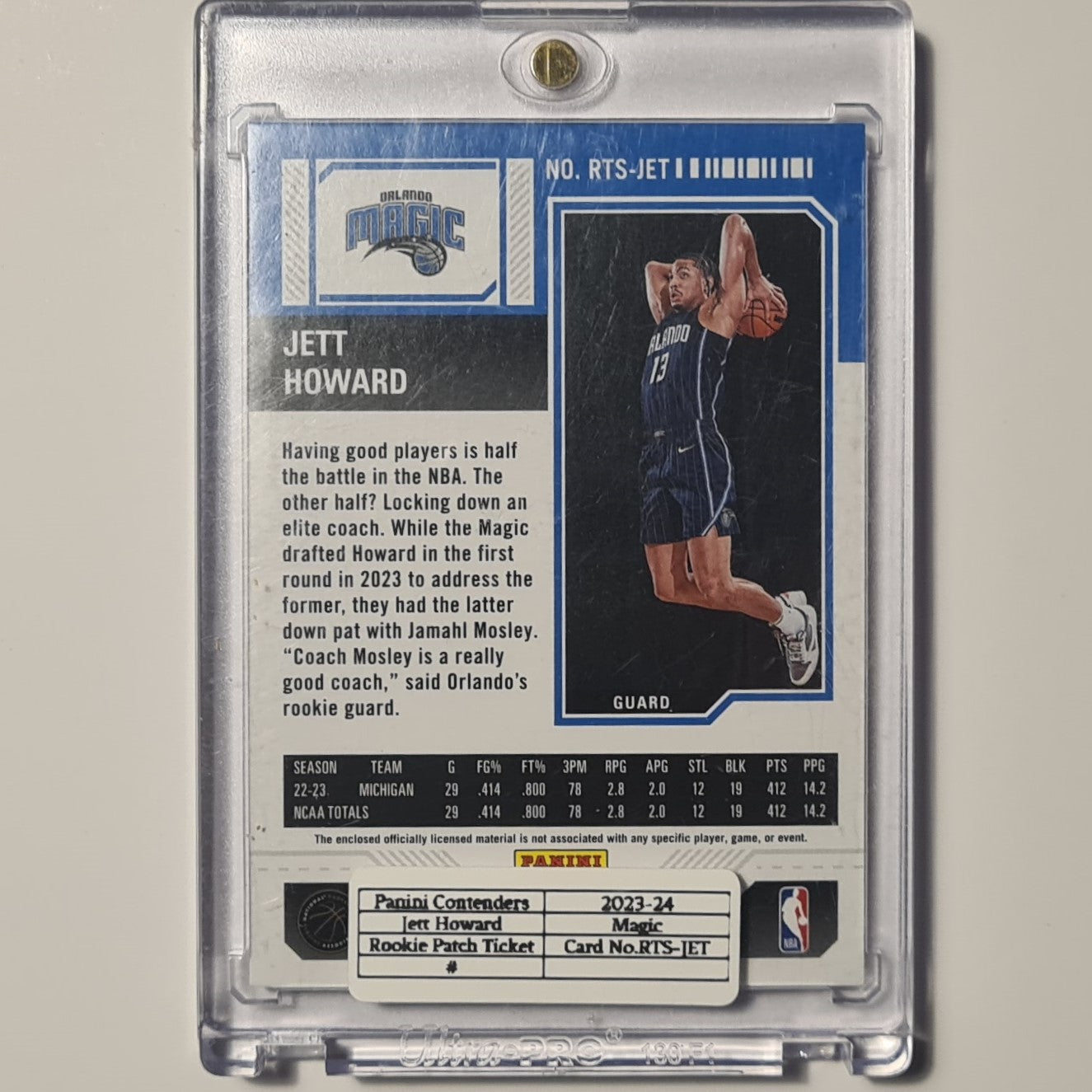 Jett Howard 2023-24 Panini Contenders Rookie RC patch RTS-JET NBA Basketball Orlando Magic mint