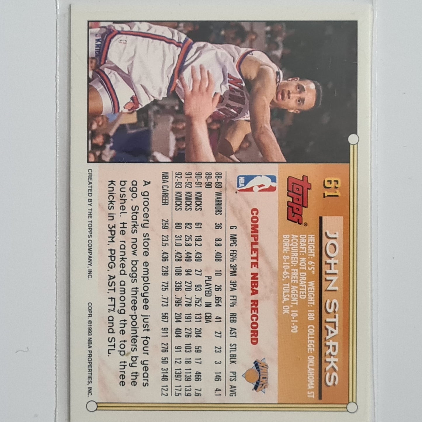 John Starks 1993 Topps #61 NBA Basketball New York Knicks excellent sleeved
