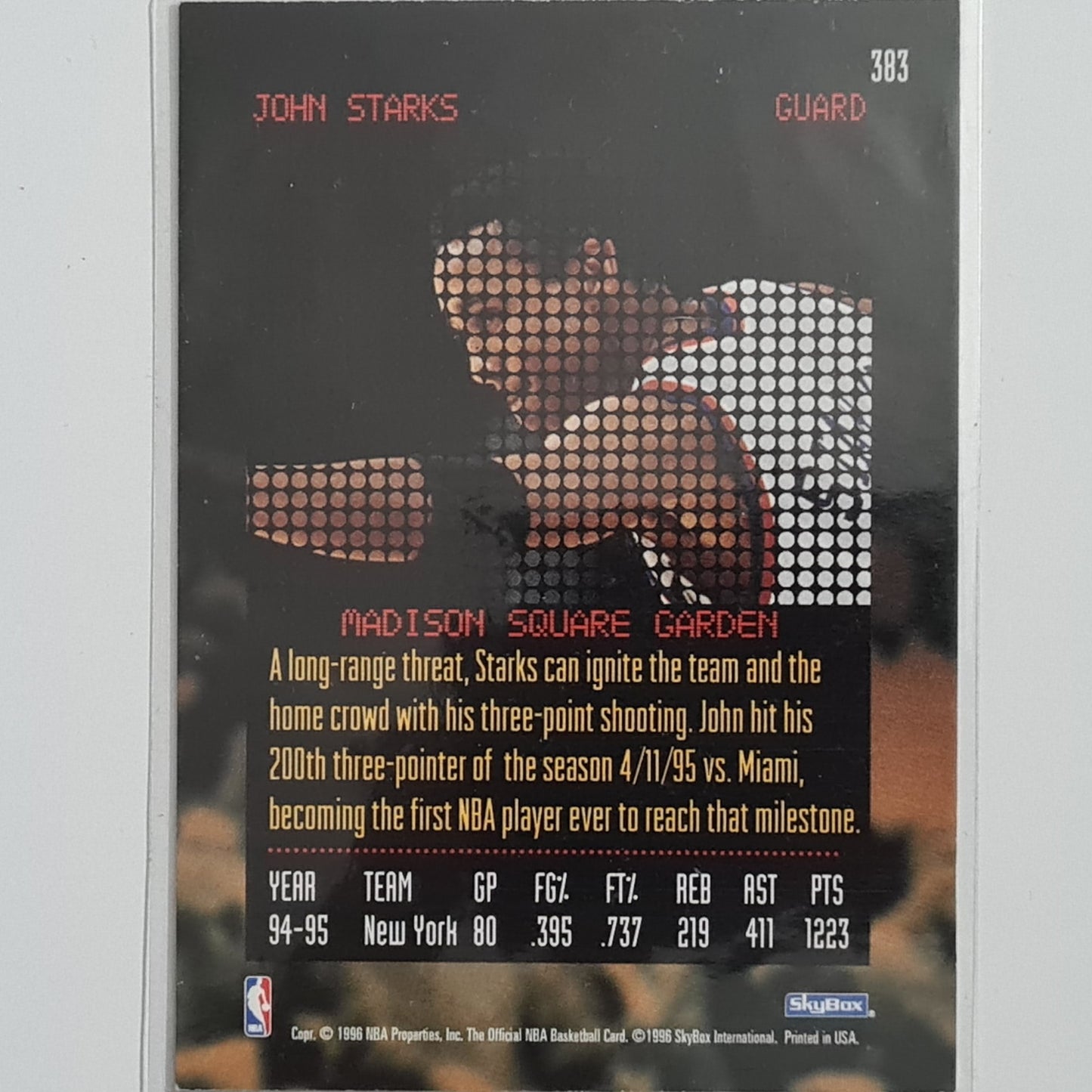 John Starks 1996 Skybox NBA Hoops Booom rock the house insert #383 NBA Basketball New York Knicks excellent sleeved