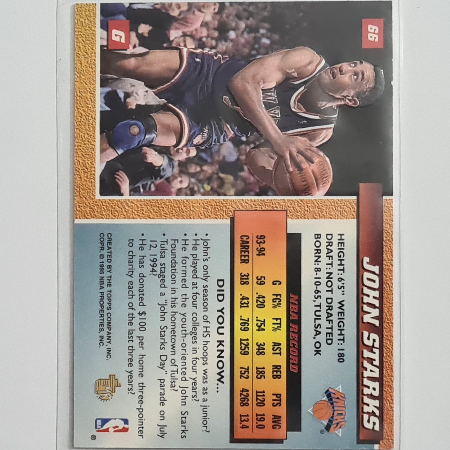 John Starks 1995 Topps embossed #66 NBA Basketball New York Knicks excellent sleeved