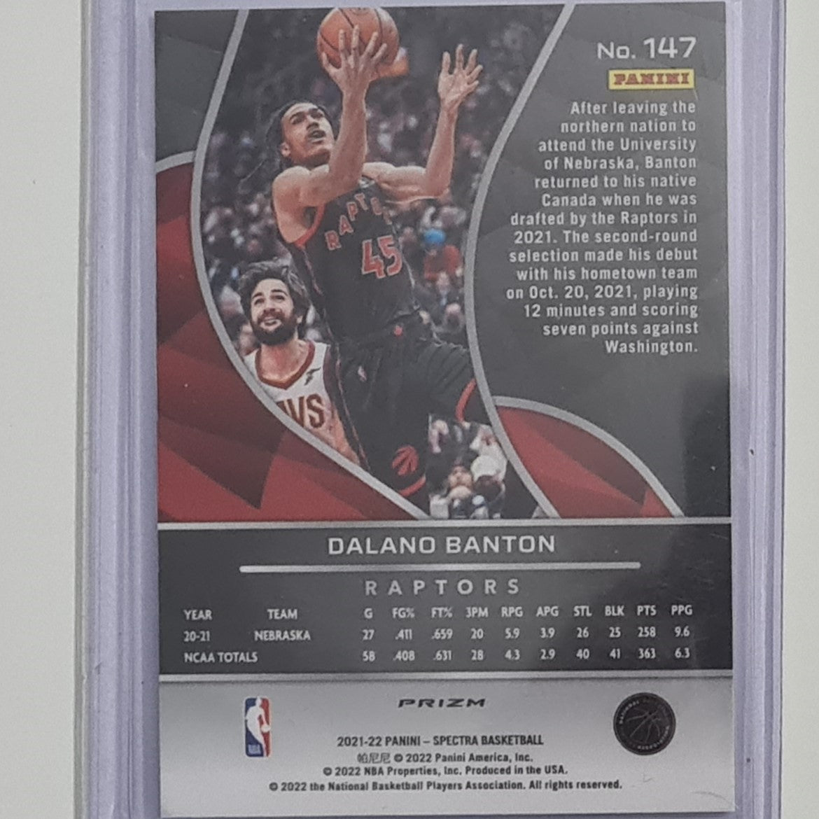 Dalano Banton 2021-22 Panini Spectra Prizm Holo Rookie RC #147 NBA Basketball Toronto Raptors mint sleeved