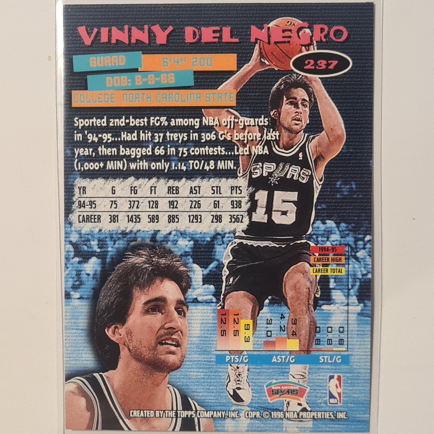 Vinny Del Negro 1996 Topps Stadium Club #237 NBA Basketball San Antonio Spurs Excellent sleeved