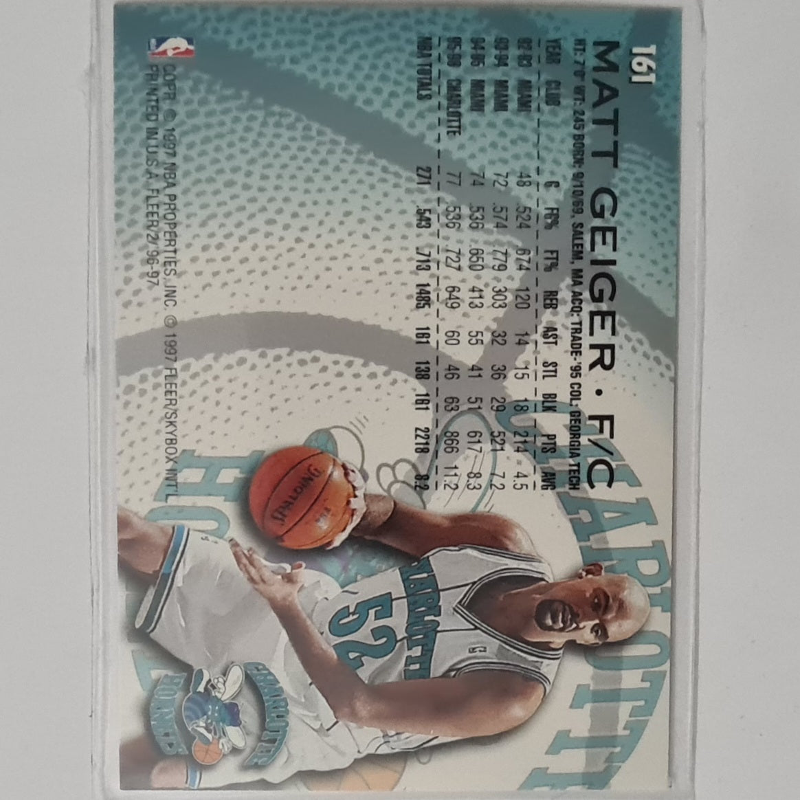 Matt Geiger 1997 Fleer 96-97 #161 NBA Basketball Charlotte Hornets excellent sleeved