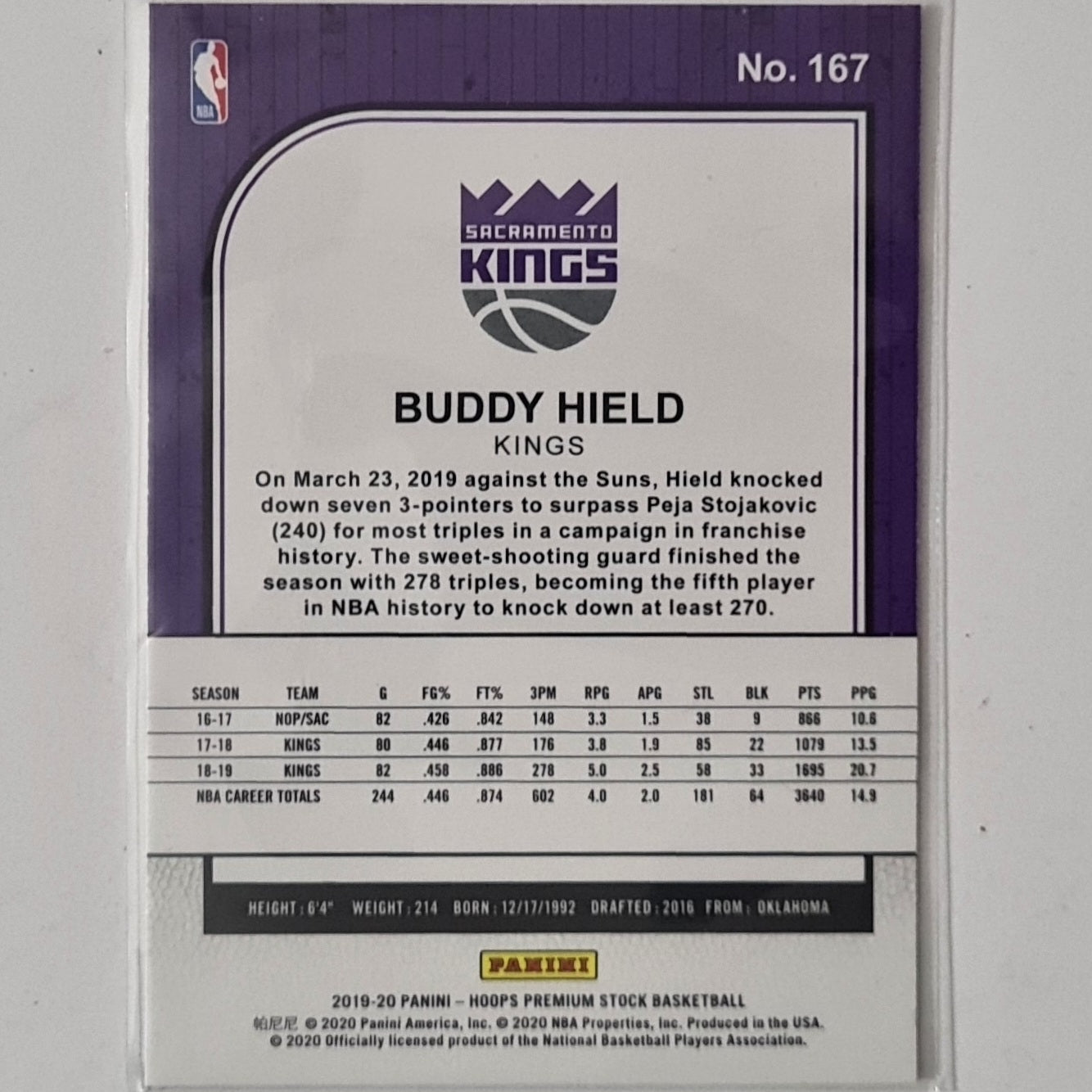 Buddy Hield 2019-20 Panini Hoops premium Stock #167 NBA Basketball Sacramento Kings ex-mint