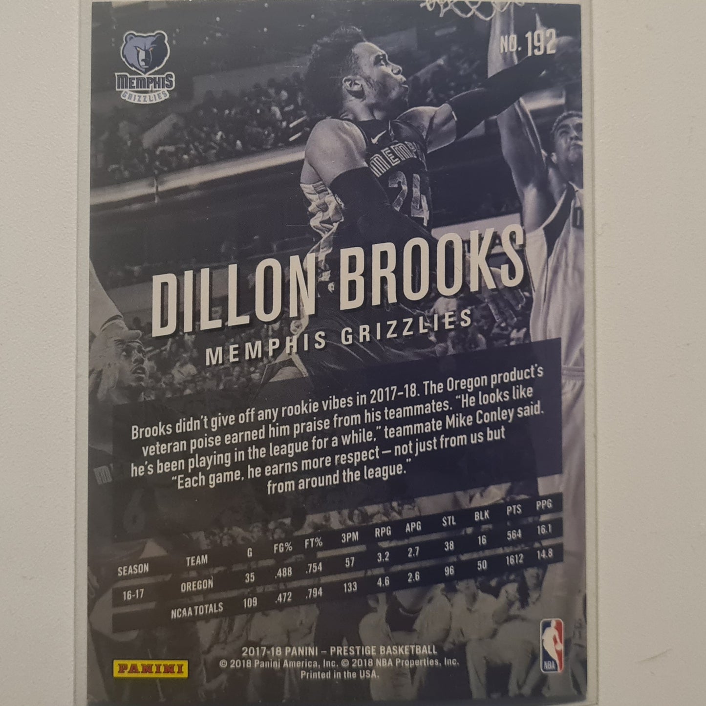 Dillion Brooks 2017-18 Panini Prestige Rookie RC #192 NBA Basketball Memphis Grizzlies ex +