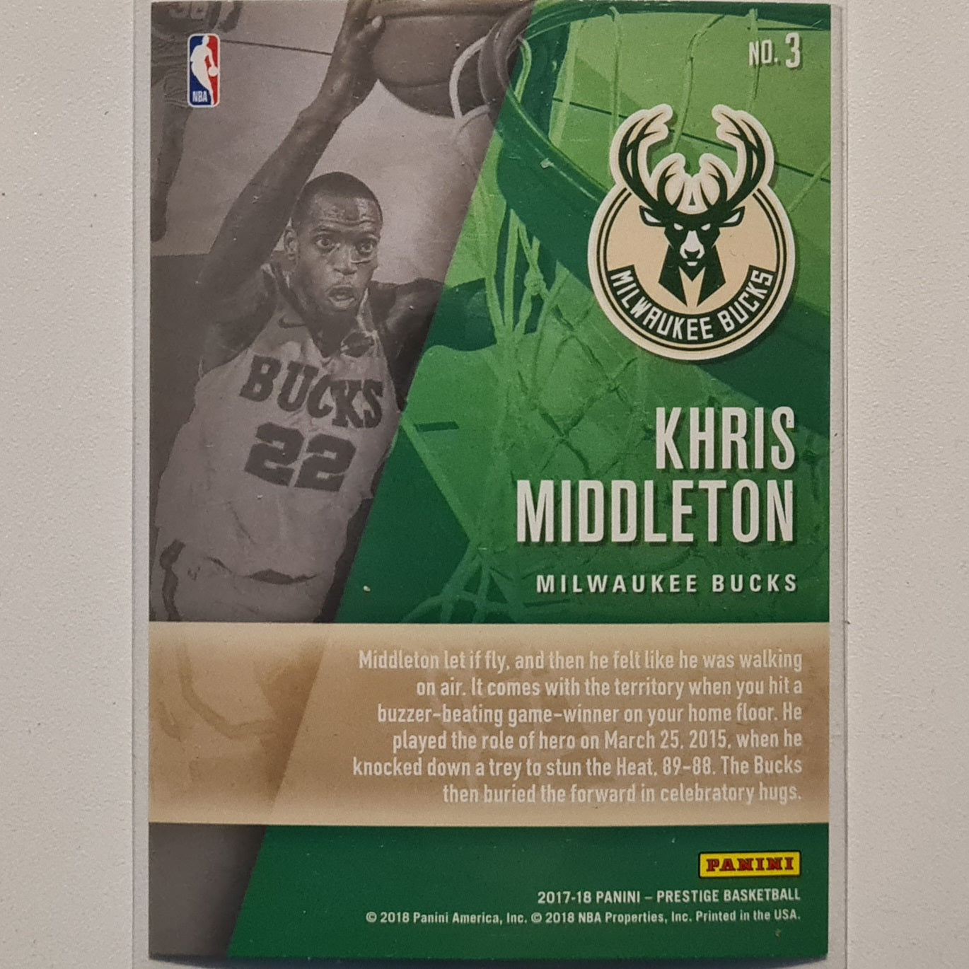 Khris Middleton 2017-18 Panini Prestige Hardcourt Heroes #3 NBA Basketball Milwaukee Bucks Excellent
